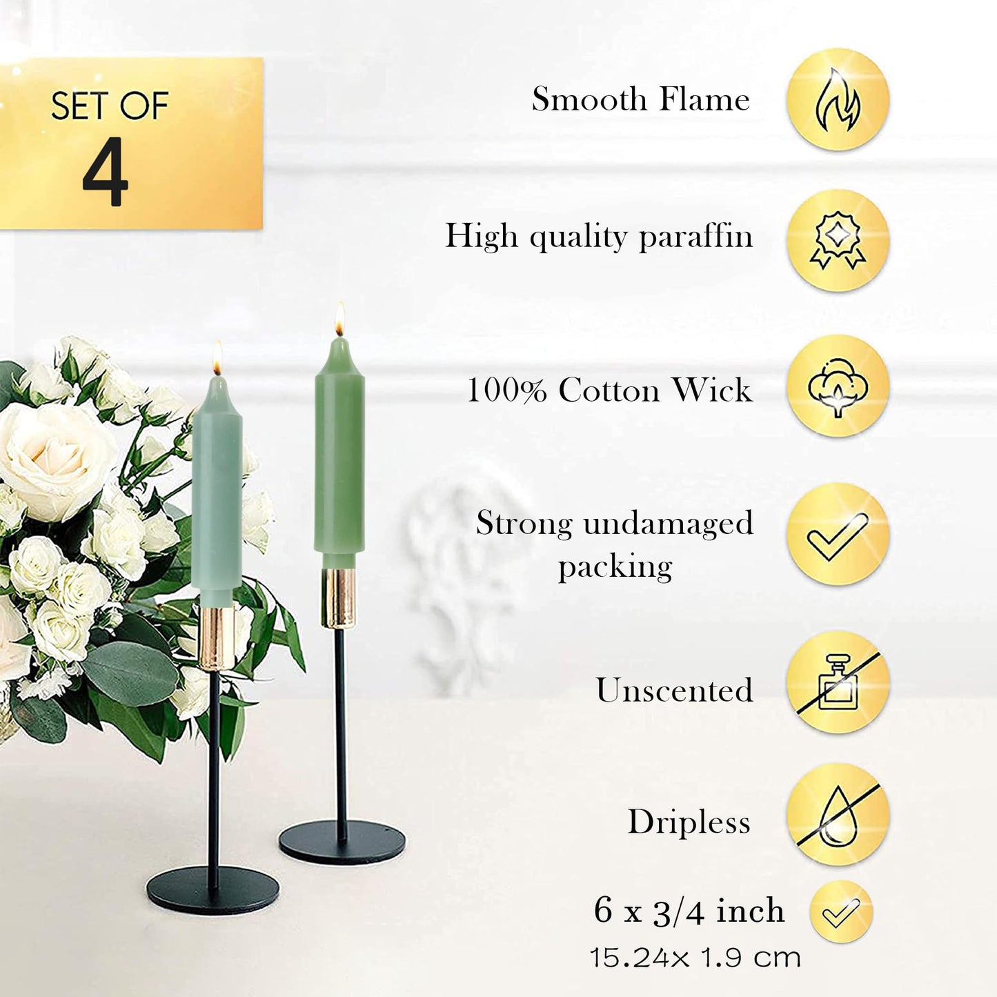 LPUSA Short Taper Candles 6 inch Candle Sticks Unscented Dinner Candle Dripless for Home Decor,Set of 4，Gradient Green