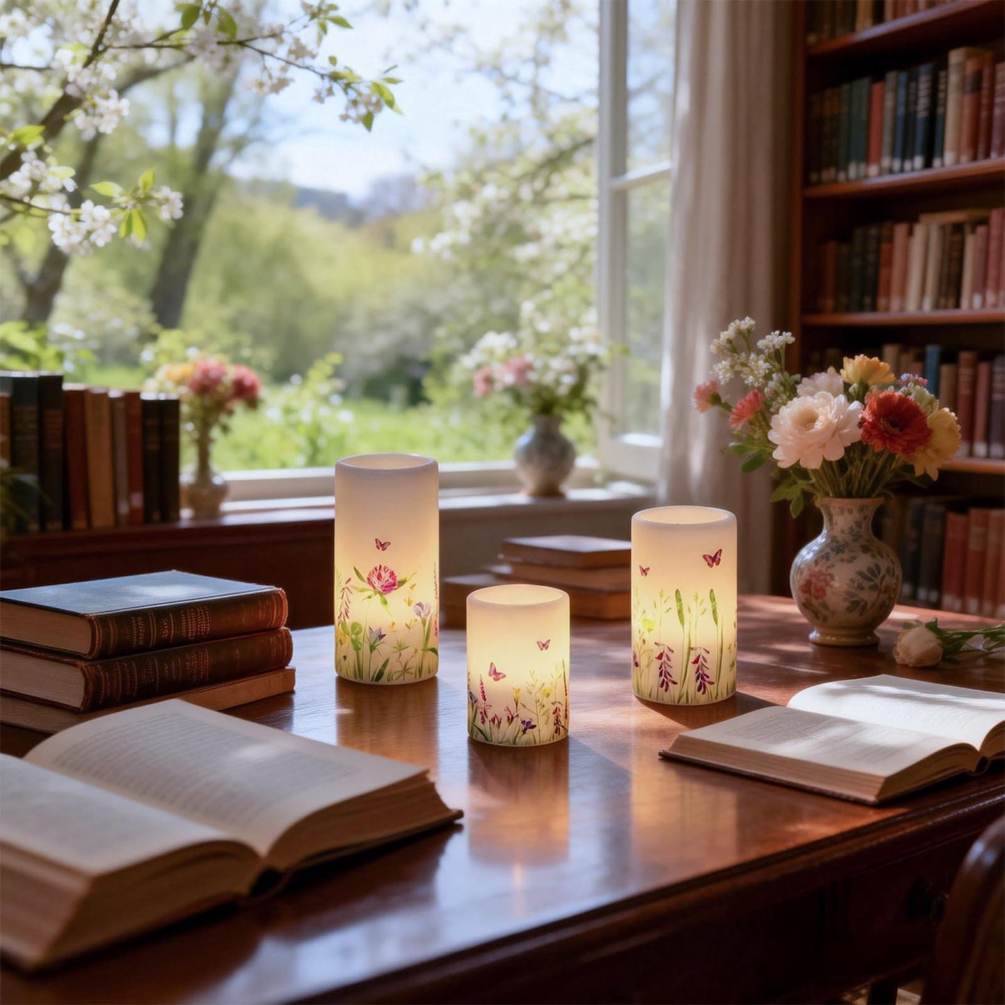 DRomance Butterfly Spring Flameless Candles with 6 Hour Timer Real Wax Battery Operated LED Flickering Pillar Candles Dinner Holiday Home Decor(3 Pack, 3" D x 4", 5", 6" H)