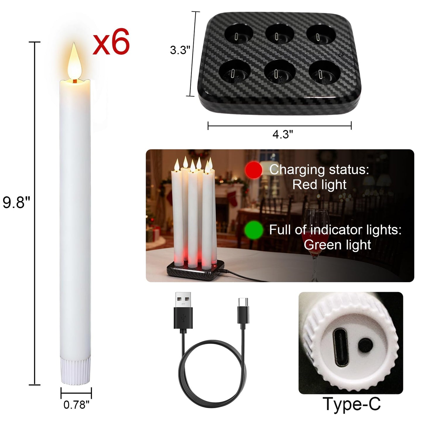 GenSwin Rechargeable Flameless Taper Candles with Charging Base, 6 Pack White LED Taper Candles Battery Operated with 2 Remote Timer, Real Wax Flameless Candlesticks for Holiday Christmas Home Decor