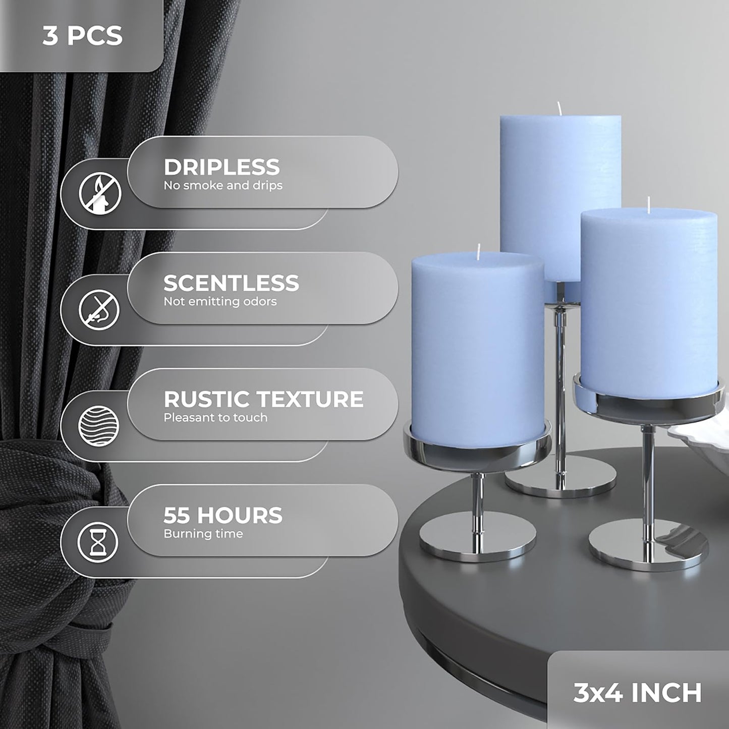 CANDWAX 3x4 inch Pillar Candles Set of 3 – Unscented Dripless Rustic Light Blue Candles for Decor, Centerpieces, Gender Reveal Party