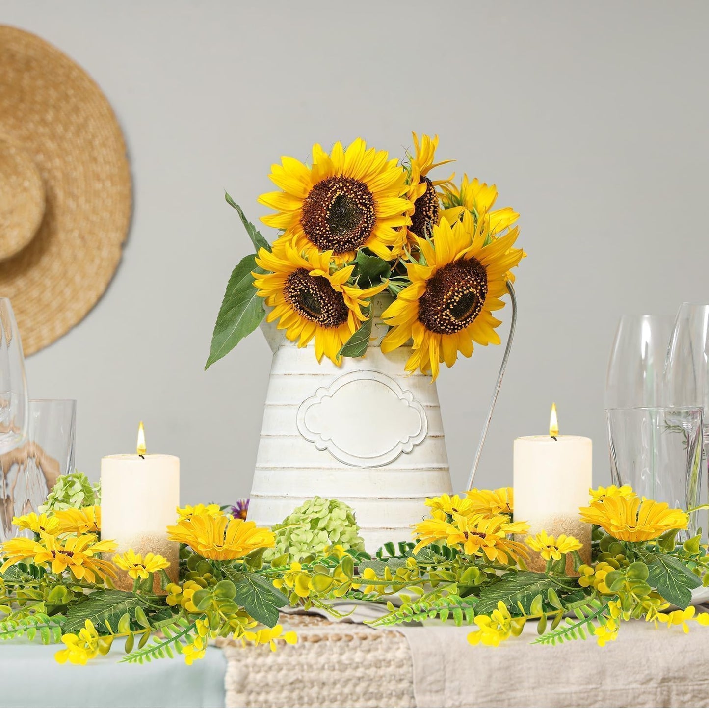 6Pcs Sunflower Wreath for Front Door Artificial Sunflower Spring Summer Table Centerpieces Wreath Fake Yellow Floral Candle Rings Wreaths for Pillars Cabinets Wedding Table Home Décor