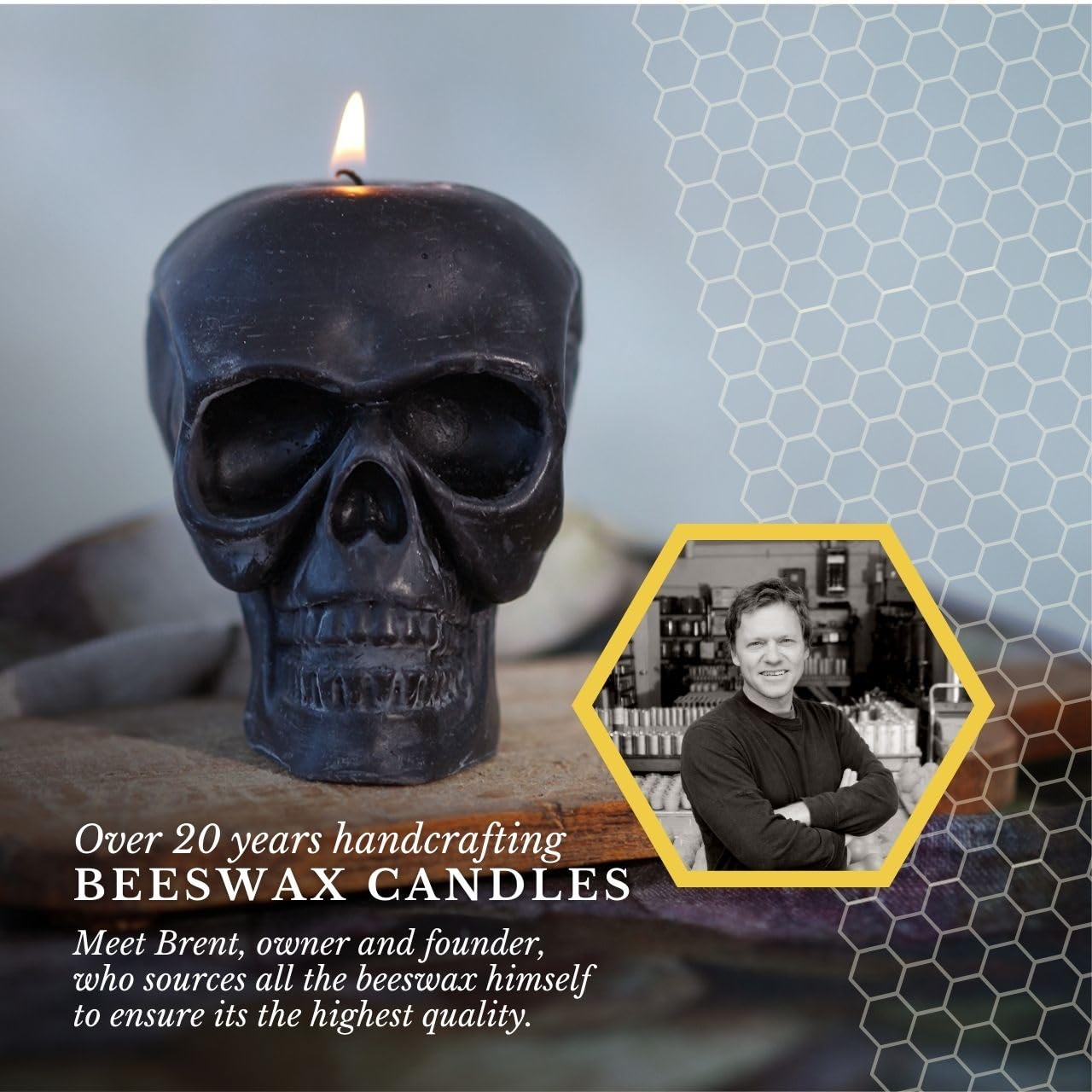 Big Dipper Wax Works Black Skull Candle – Handcrafted 100% Pure Beeswax, 3.5" × 3.75", Unscented, 40-Hour Clean Burn, Gothic Halloween Décor, Artisan Sculpted Candle, Eco-Friendly Gift