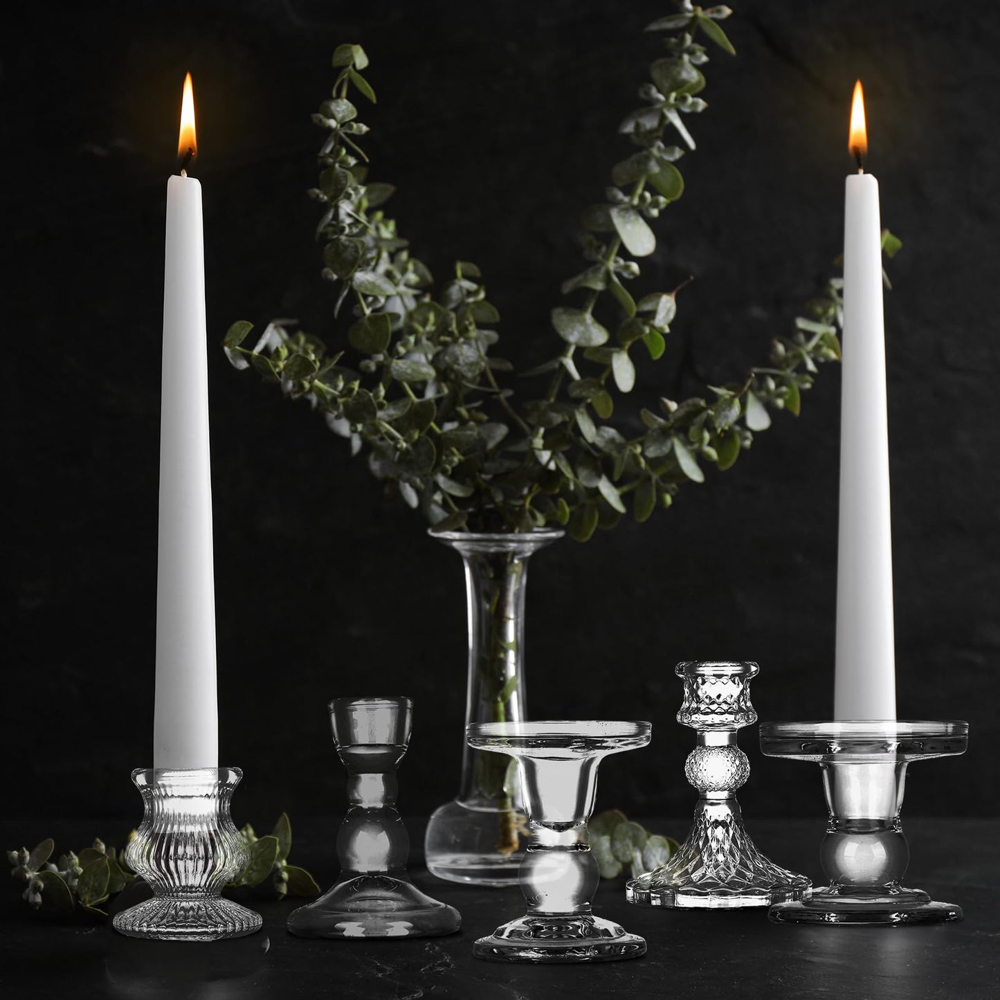 Potchen 8 Pieces Glass Taper Candle Holders Clear Short Stripe Taper Candlestick Holders Bulk Elegant Glass Candle for Table Centerpiece Wedding Christmas Party Decor Festival Home Decoration