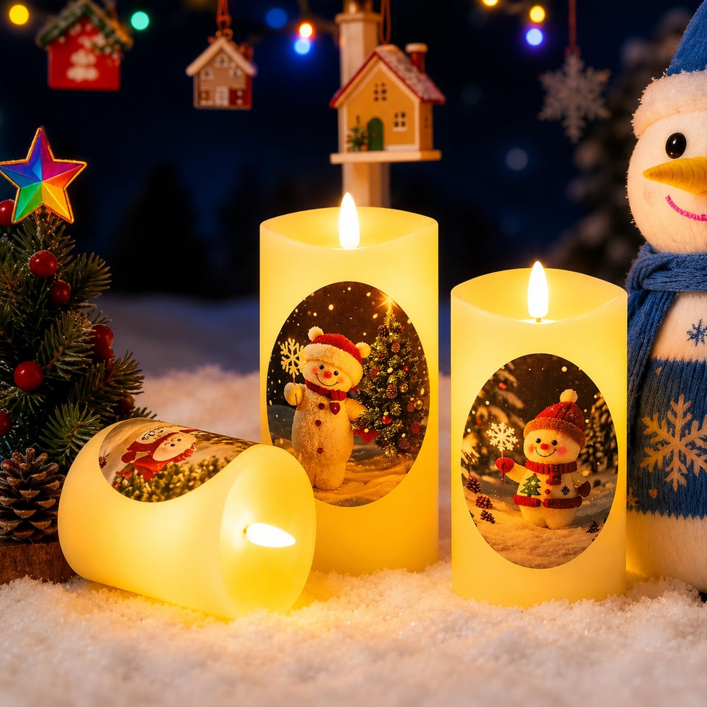 Tzgckui Flameless Candles, Battery Operated Led Flickering Flameless Candles 3 Pack for Christmas, White Cylindrical with Winter Scene, Remote Control & Timer, 4/5/6 Inch for Holiday Home Decor