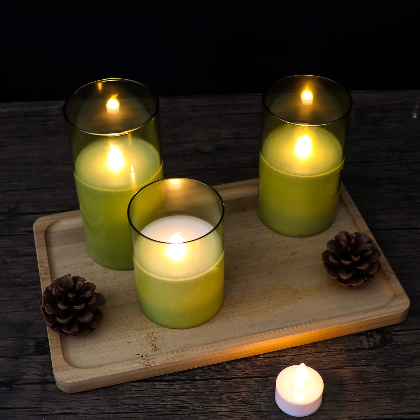 GenSwin Green Glass Battery Operated Flameless Led Candles with 10-Key Remote and Timer, Real Wax Candles Warm White Flickering Light for Home Decoration(Set of 3)
