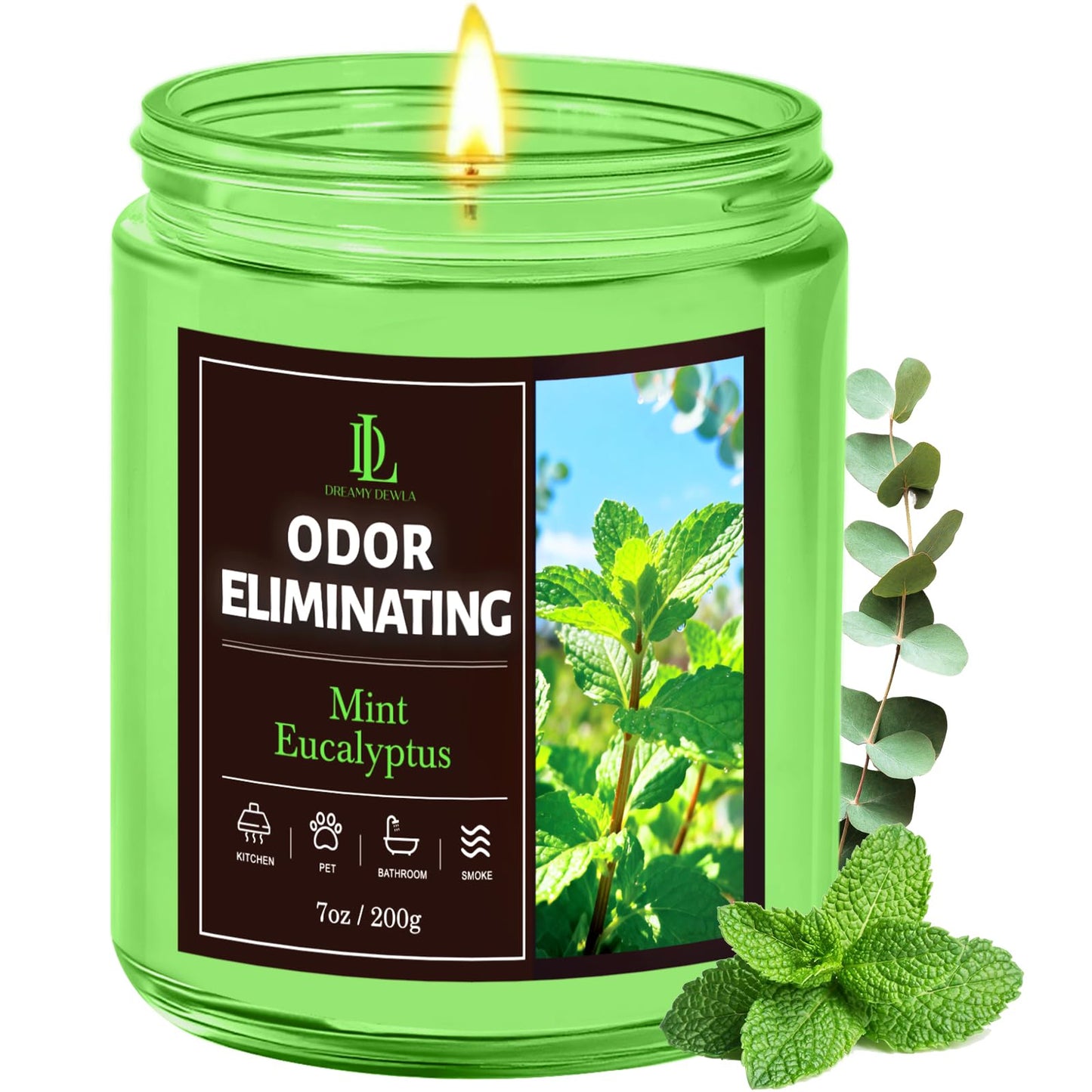 Mint Eucalyptus Odor Eliminating Highly Fragranced Candle, Eliminates 95% of Bathroom & Pet Odors Quickly, Air Freshing Scented Candles, Soy Candle Gifts for Women Men, 7oz