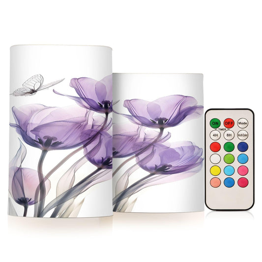 ALAZA Three Purple Tulips Flameless Candles, LED Pillar Candles with Remote Timer, Battery Operated Candles Set of 2