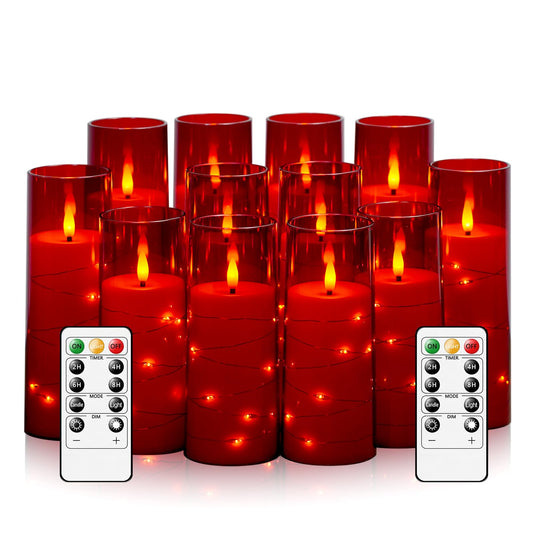 Sasigeiaa Flameless Candles with Embedded Star String - Battery Operated LED Candles, with Remote,12 Red Flickering Candles for Christmas, Weddings, Home Decor & Party,(D 2.3"×H 5" 6" 7")