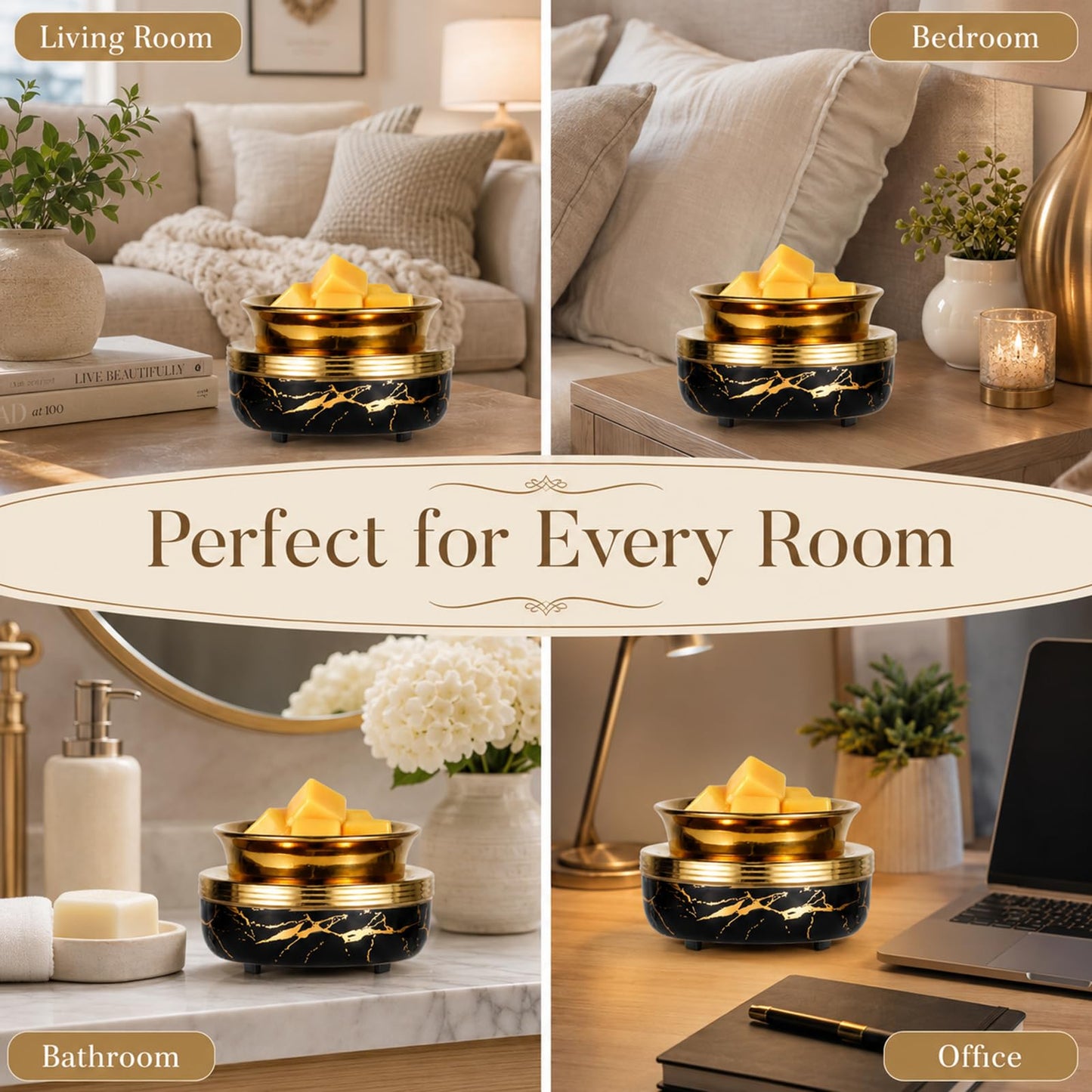Mocosa Ceramic Wax Melt Warmer 3-in-1 Candle Warmer Electric Wax Warmer for Scented Wax Melter Burner for Home,Office, for Mom Women（Black Gold）