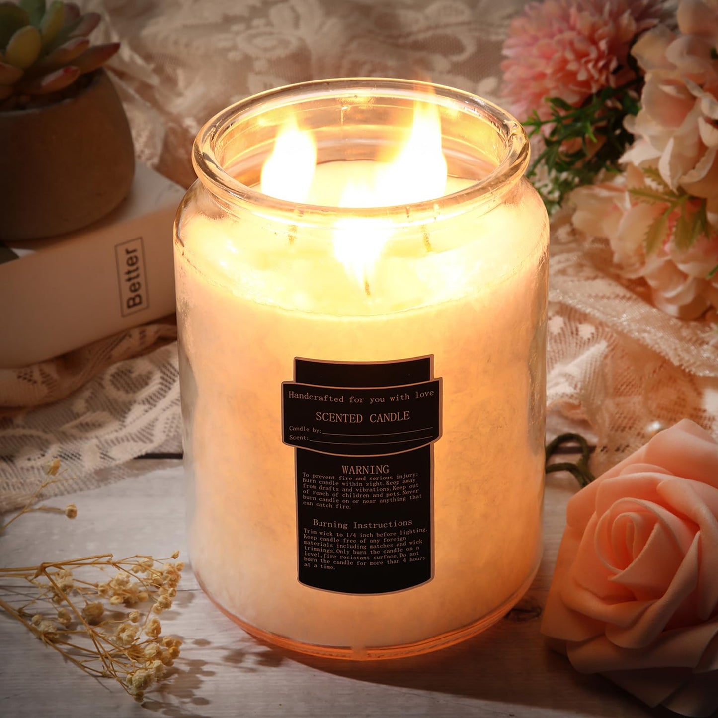 Ziliny 6 Pack 25 oz Glass Candle Jars with Airtight Lids Large Thick Clear Candle Containers with 10 Warning Labels Wooden Wick Holders