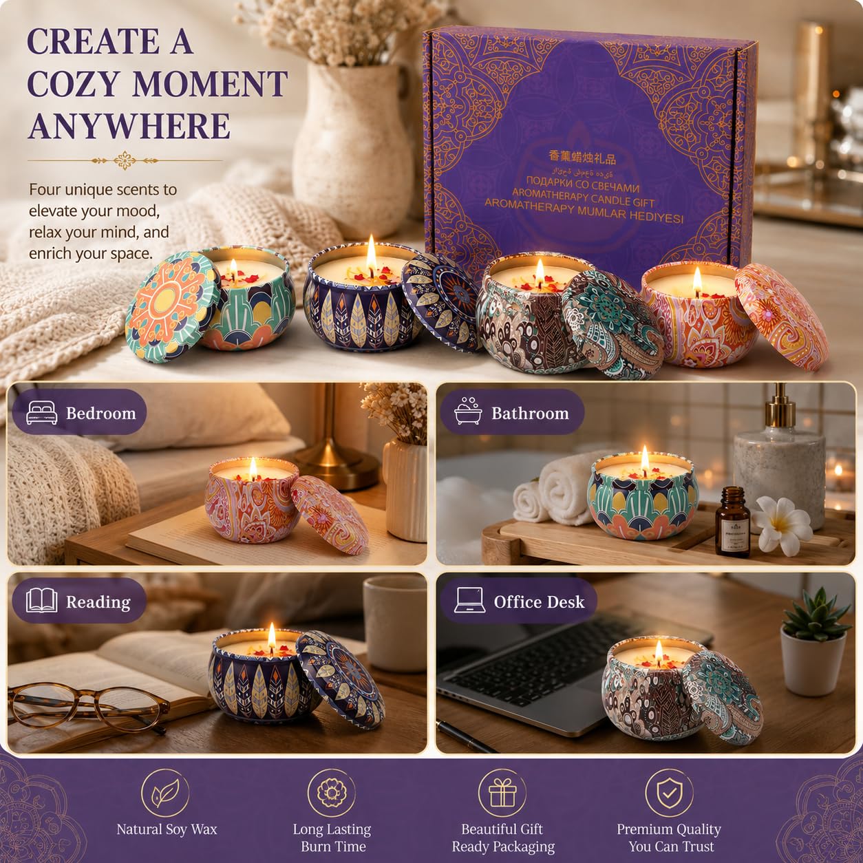 Scented Candles Gift Set for Women, 4 Pack Soy Wax Aromatherapy Candles, Lavender Lemon Vanilla White Peach Mini Tin Candles for Home, Bath, Spa, Travel, Gifts for Mom Her