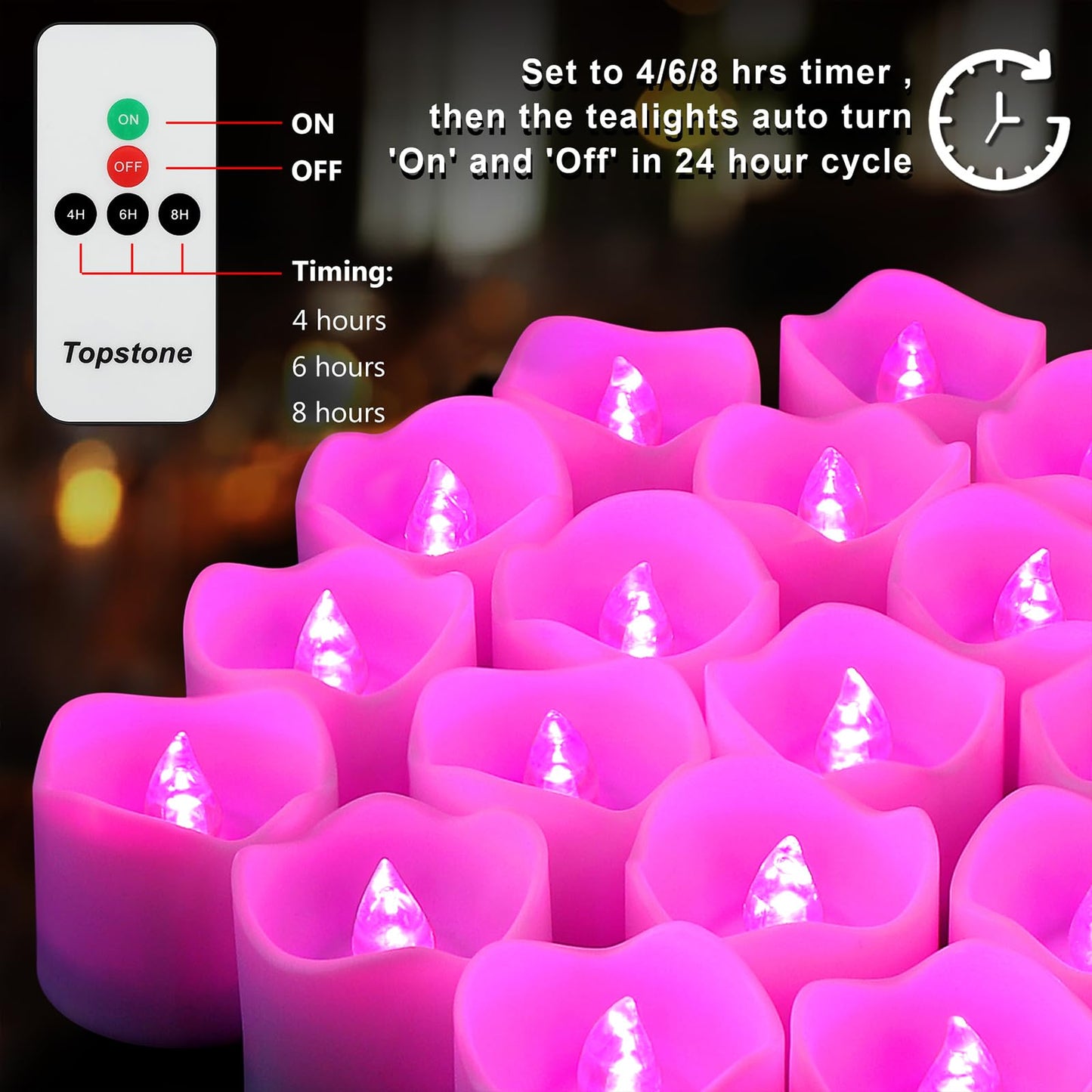 Topstone Remote Control Flameless LED Votive Candles with Timer, CR2450 Battery Powered, Electric Tea Lights for Seasonal and Festival Decoration, Pink Light, 12 pcs