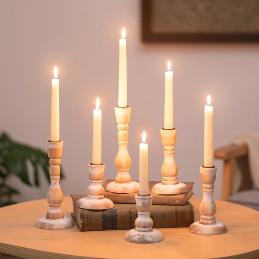 NUPTIO Rustic Candlestick Holders for Decor: Set of 6 Wood Taper Candles Holder - Vintage Candle Stick Tapered Holders for Fall Christmas Party Holiday Home Table Centerpiece