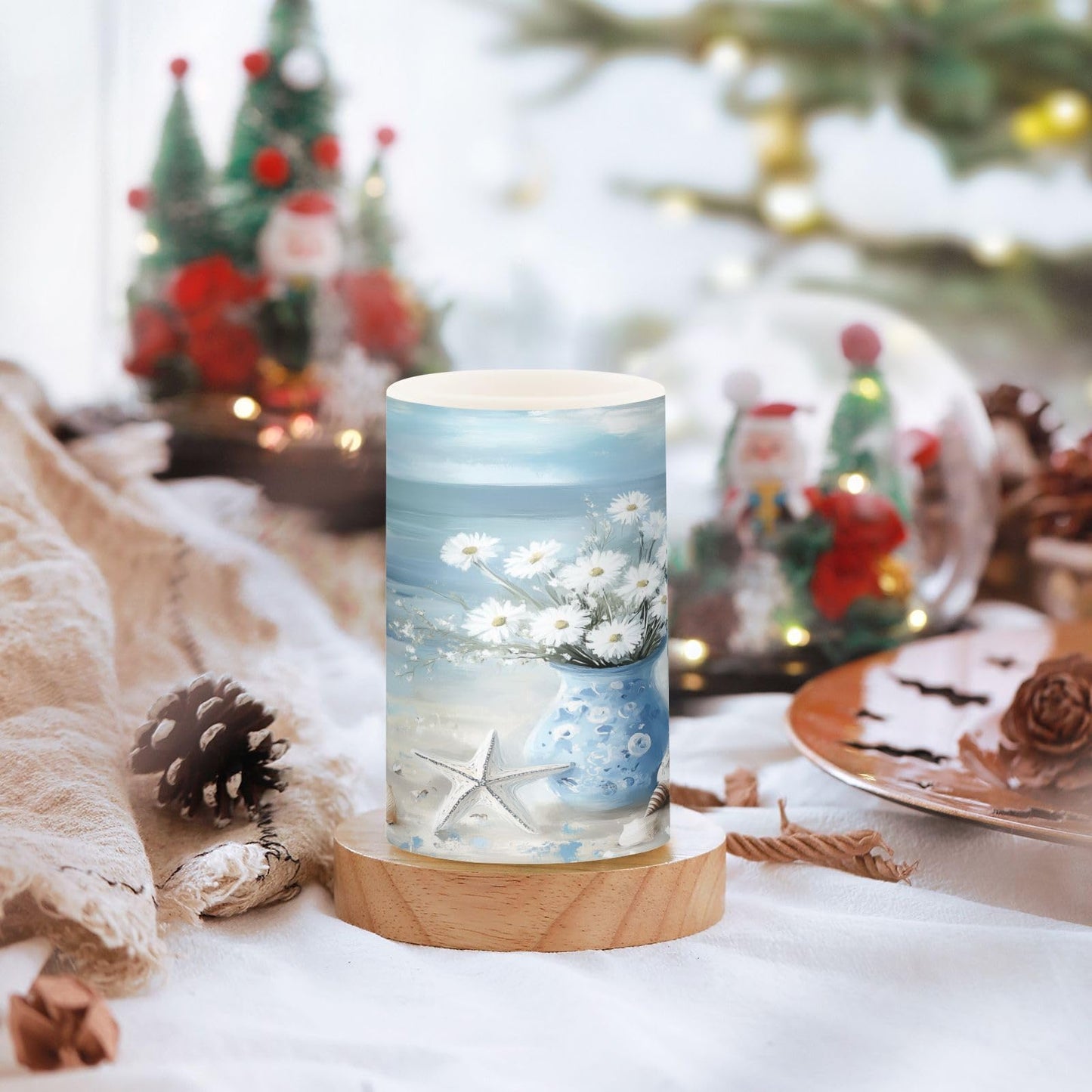 WEVIBOFU Ocean Beach Seascape Vase Starfish Shell Flickering Flameless Candles LED Battery Operated with Remote Timer Pillar Candles for Home Birthday Wedding Christmas Decor, Set of 2