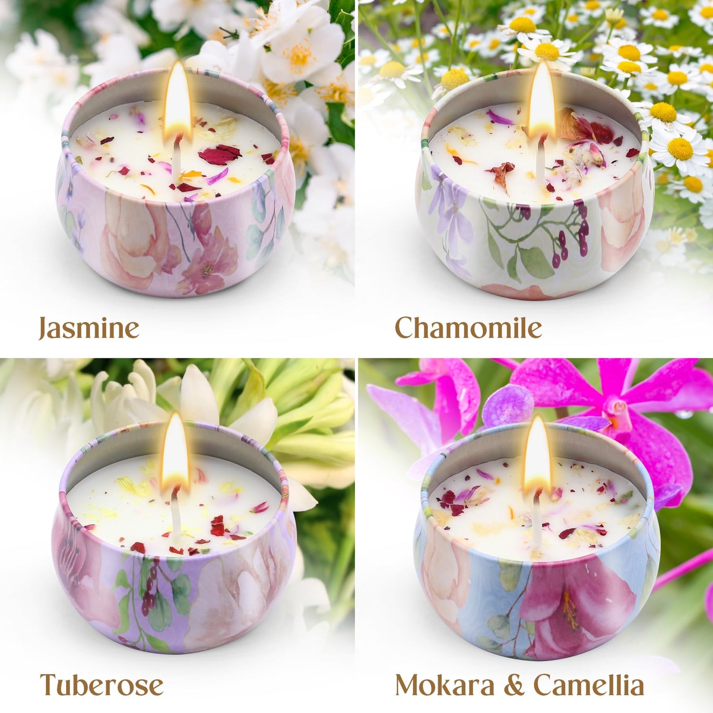 Scented Candles Gift Set for Women 4 Pack Soy Wax Candles with Dried Flowers Reusable Tin Aromatherapy Relaxation Gift for Birthday Mothers Day Valentines Day