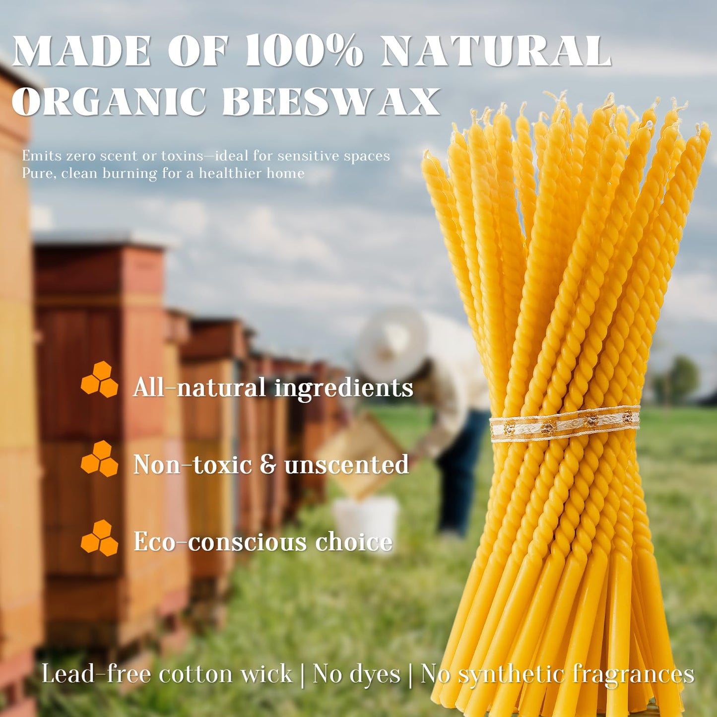 16 Pack 15-Inch Slim Beeswax Taper Candles（ 1/2 Inch ） with 2 Holders - Natural Drippless Spiral Thin Church Candle 0.5 inch Diameter, Yellow