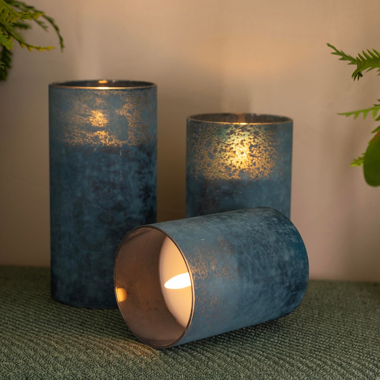 HJANDHJ Blue Flickering Flameless Candles with Remote - Handmade Sandblast Glass Battery Operated LED Pillar Candles for Home/Coastal Theme Wedding Decorations (Set of 3)