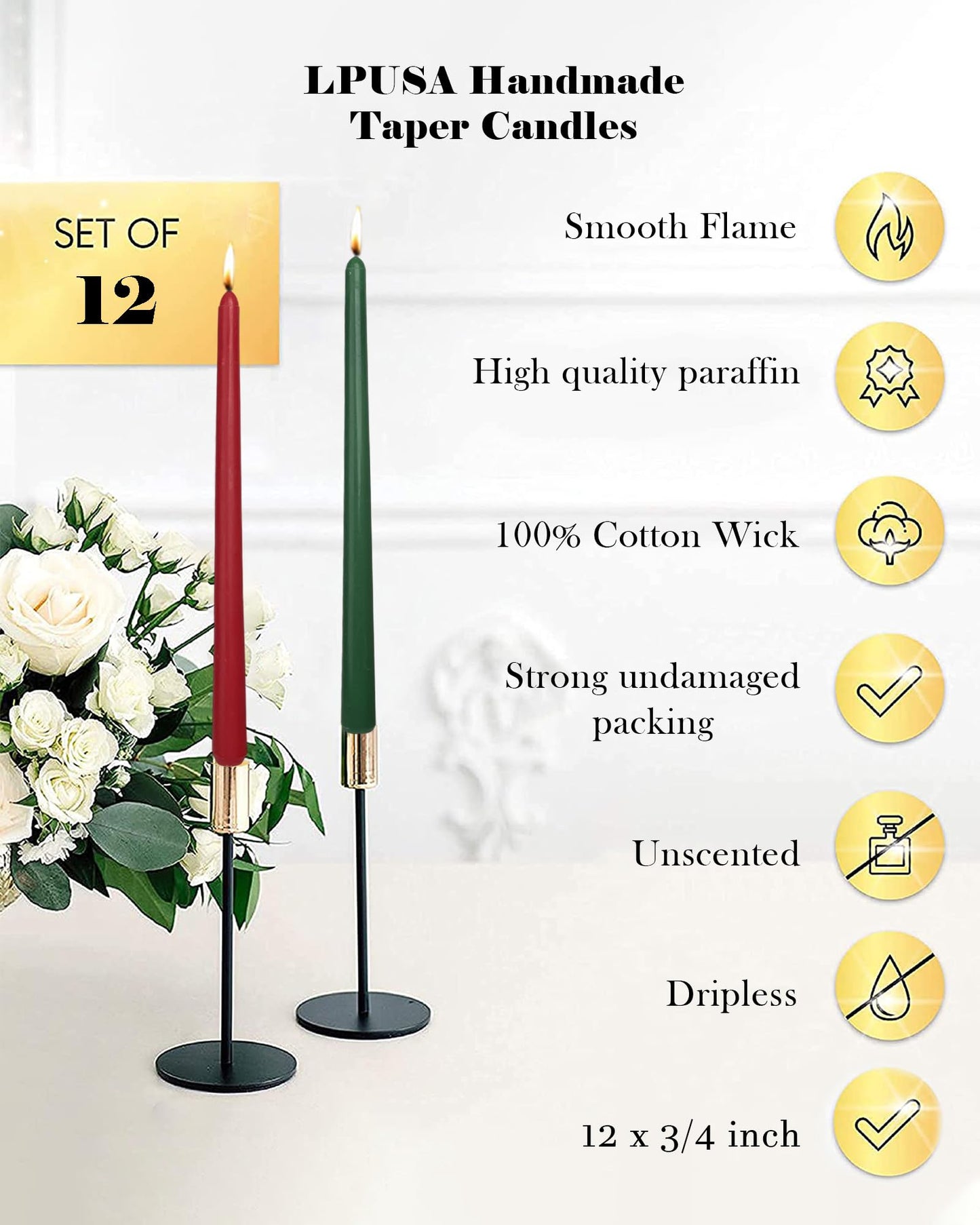 LPUSA 12 Inch Christmas Taper Candles Unscented Smokeless Long Tall Tapered Candle for Candlesticks Sticks Wedding Advent Home Decor Dinner，Set of 12,Redgreen