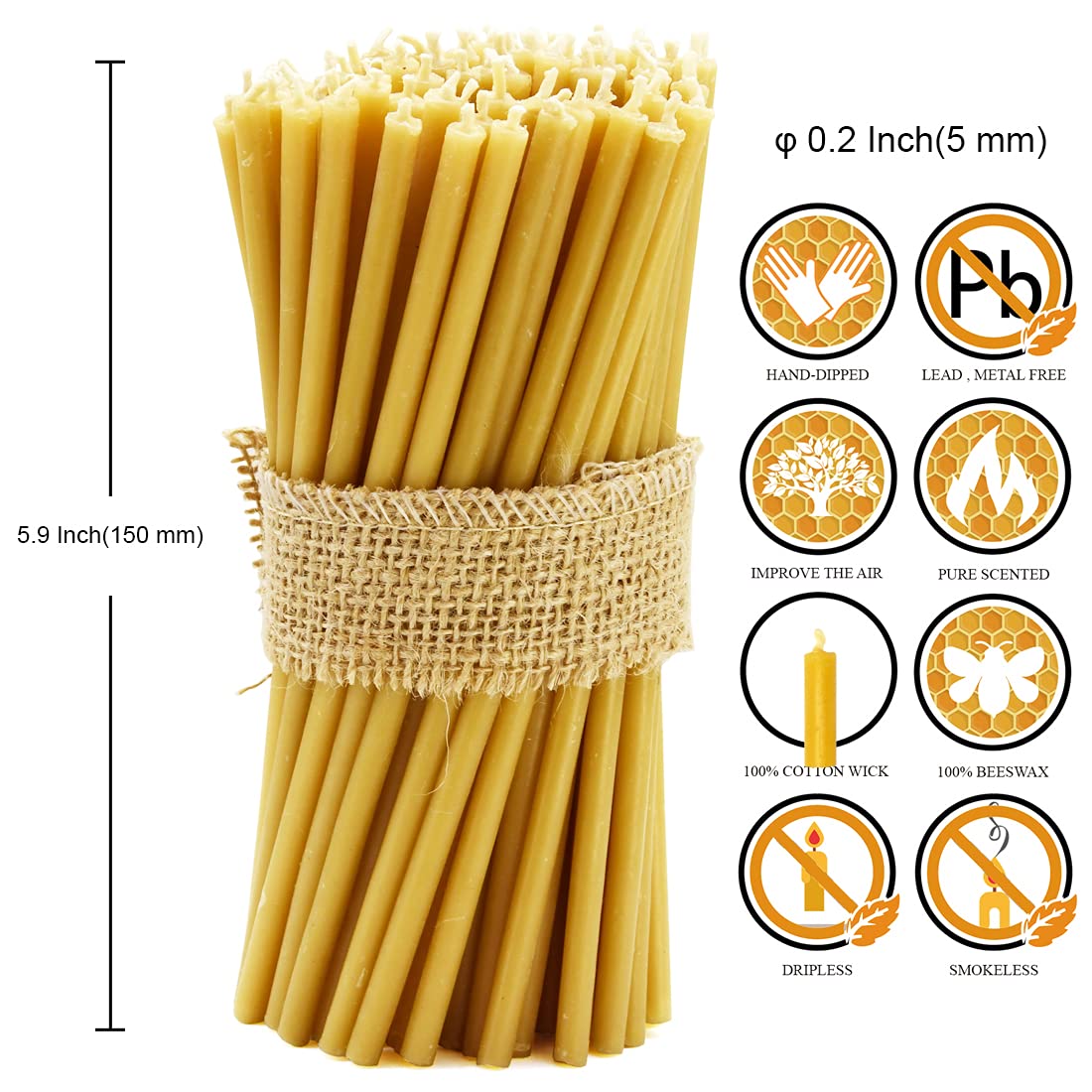 DEYBBY Beeswax Orthodox Candles – 50 Count Beeswax Candles Set - Dripless and Smokeless Mini Thin Organic Beeswax Taper Candles for Praye Orthodox Church Home Dinner Cake