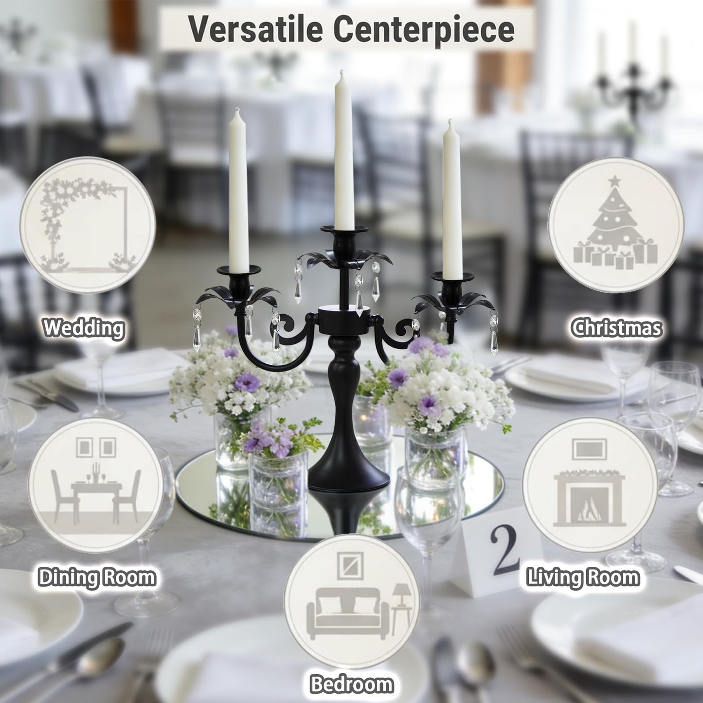 KEHAIL Metal 3 Arm Candelabra with Crystal Pendants - 11.8 Inch Tall Candle Holders, Set of 2 - Elegant Taper Candlestick Stand for Wedding, Dining Table, Christmas Party Home Decoration (6, Black)