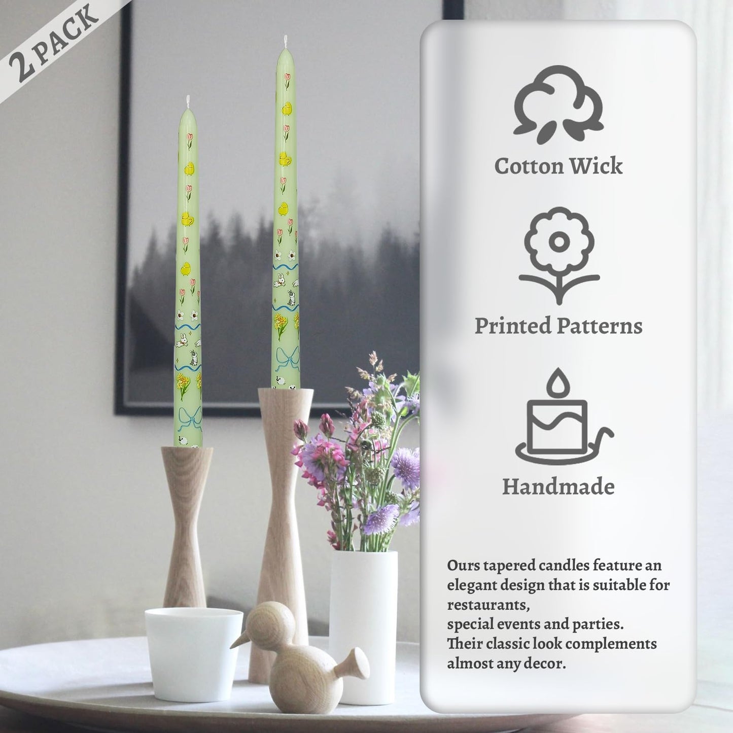 Floral Taper Candles 10 Inch Tall Unscented Handmade Light Green Rabbit Print Long Burning Elegant Candlesticks for Wedding Dinner Home Decor
