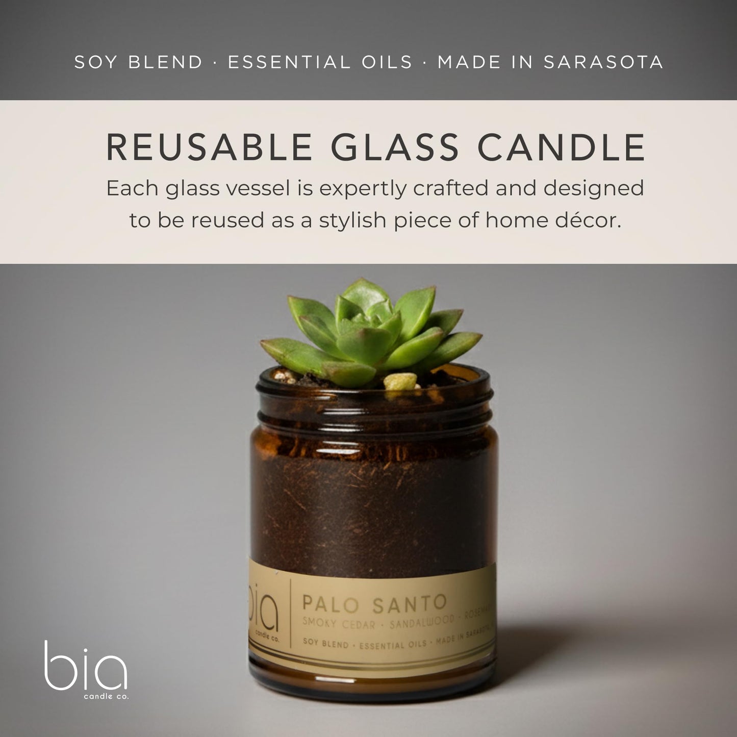 Bia Candle Co. Palo Santo Candle, Rosemary Cedar Leather Soy Candle, Sandalwood Tonka, Perfume-Inspired, Hand Poured USA, High Fragrance Load, Lead-Free Wick, Reusable Jar, Ritual Scent, 7 oz