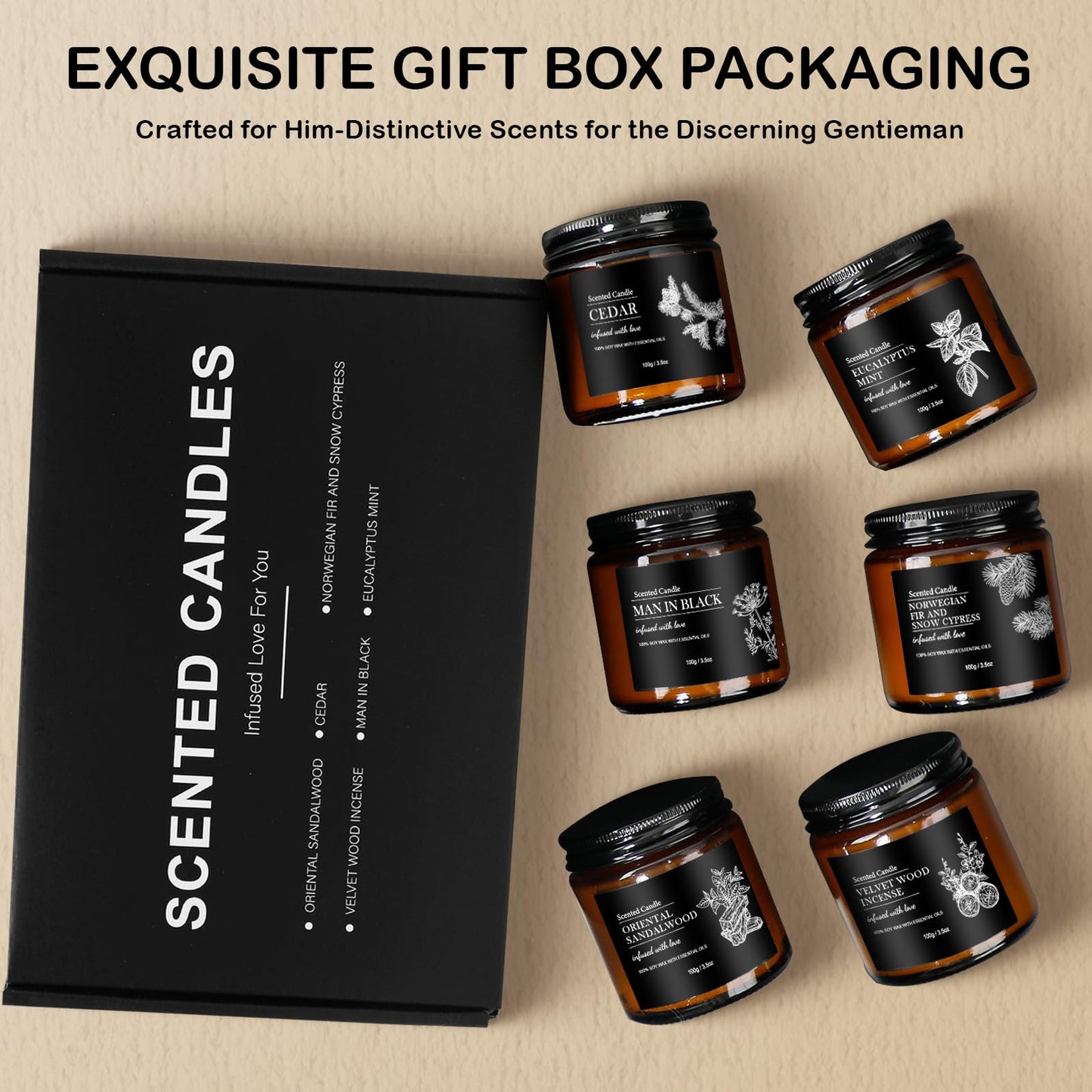 Scented Candles for Men | 6 Pack Candles for Home Scented, 150 Hour Burn Time Aromatherapy Christmas Candles Gifts for Men Birthday|Sandalwood Cedar |