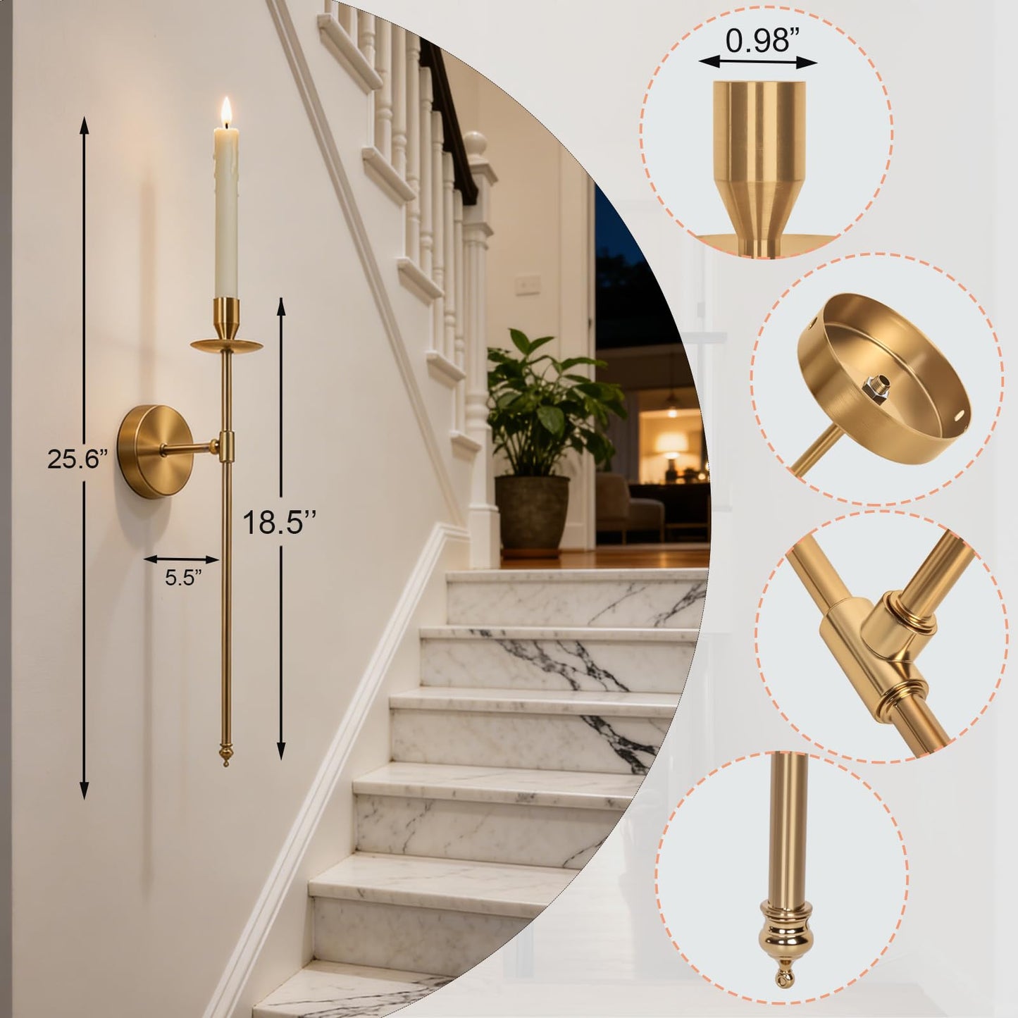 Yollzey Candle Holder Wall Sconces Set of 2 with Battery Operated Candles and Remote Control, Wall Sconces Home Decor, Battery Candles Candle Sticks Holder with Flameless Flickering Taper Timer Gold