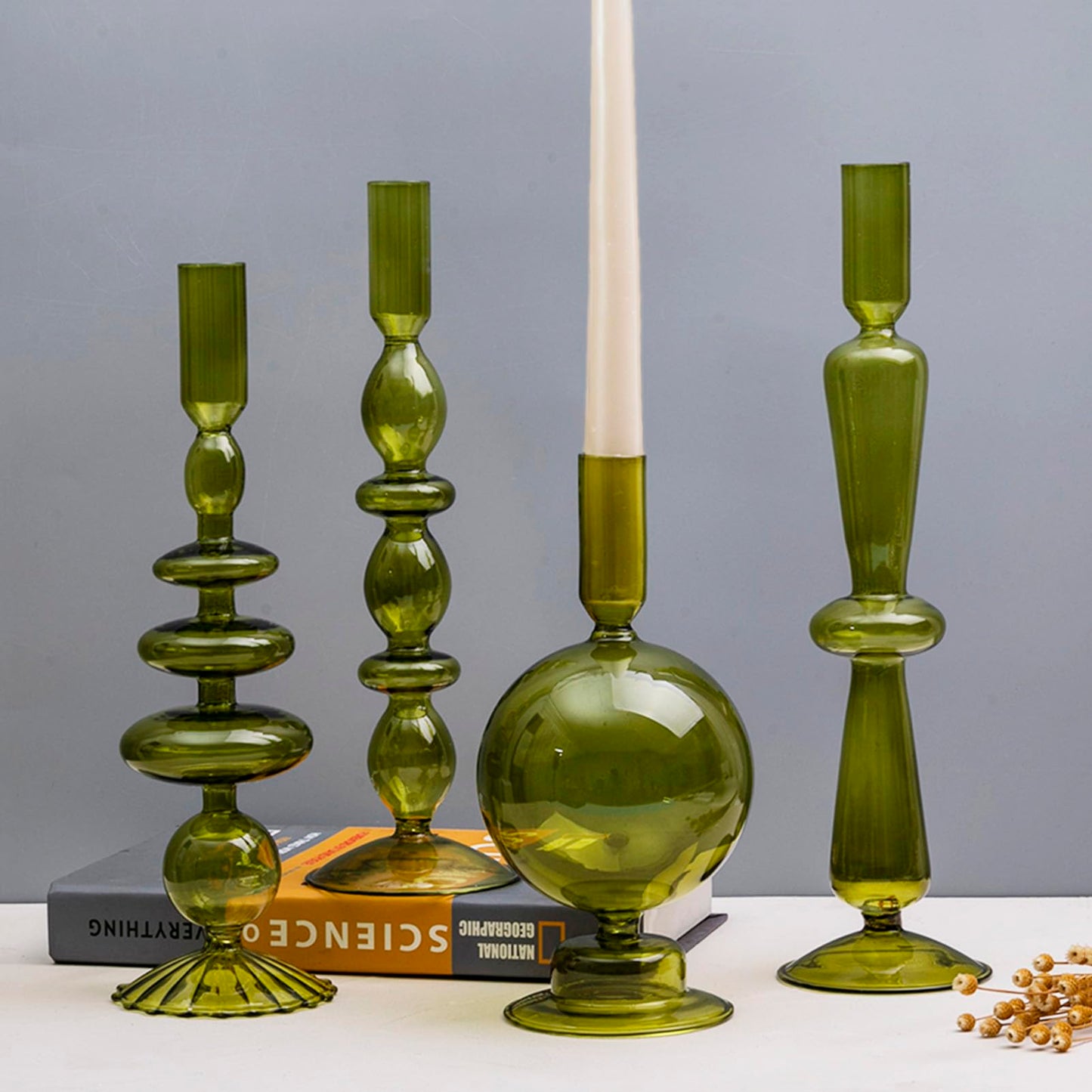 Amanman Candle Stick Candle Holder, Glass Candle Holders for Table Centerpiece, Modern Style Green Candle Holder Mixed 4pcs