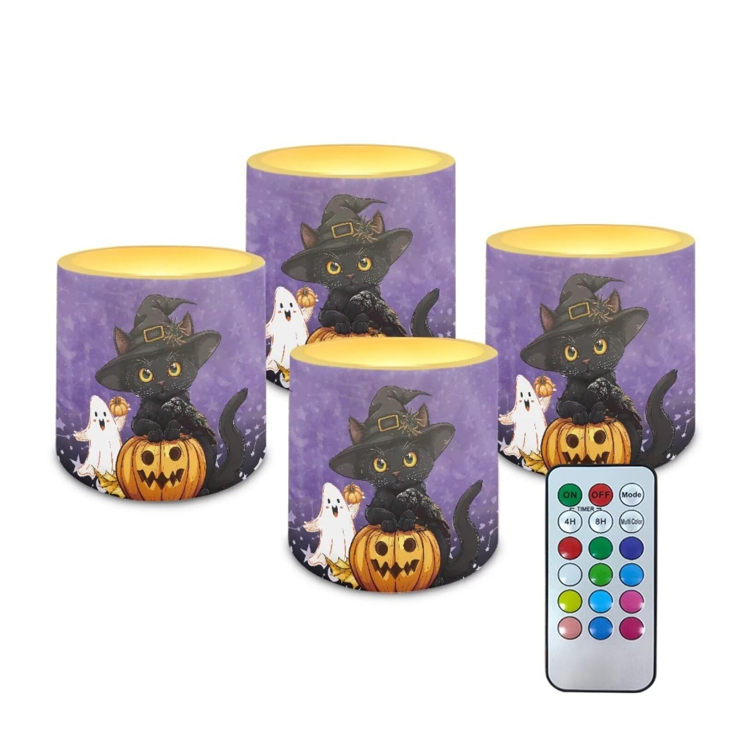 Merkmak Halloween Day Flameless Candles with 18-Key Remote Battery Operated Candles with Timer, Ghost Black Cat Pumpkin Print Flickering LED Elictric Pillar Tealights for Party Banquet