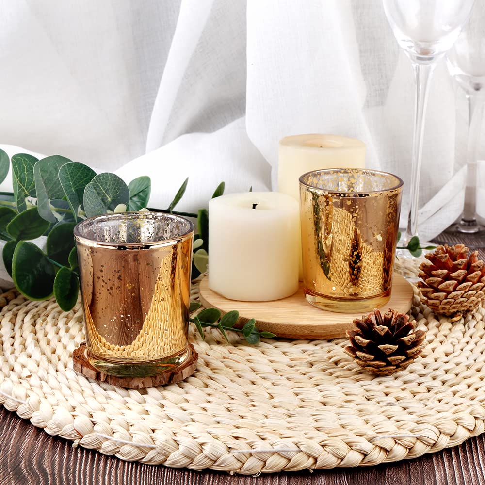 BTGLLAS 72pcs Gold Glass Tea Light Holders - Votive Candle Holders Bulk for Weddings Events - Glass Votives for Wedding Centerpieces, Christmas, Thanksgiving - Candle Accessories Decor (72, Gold)