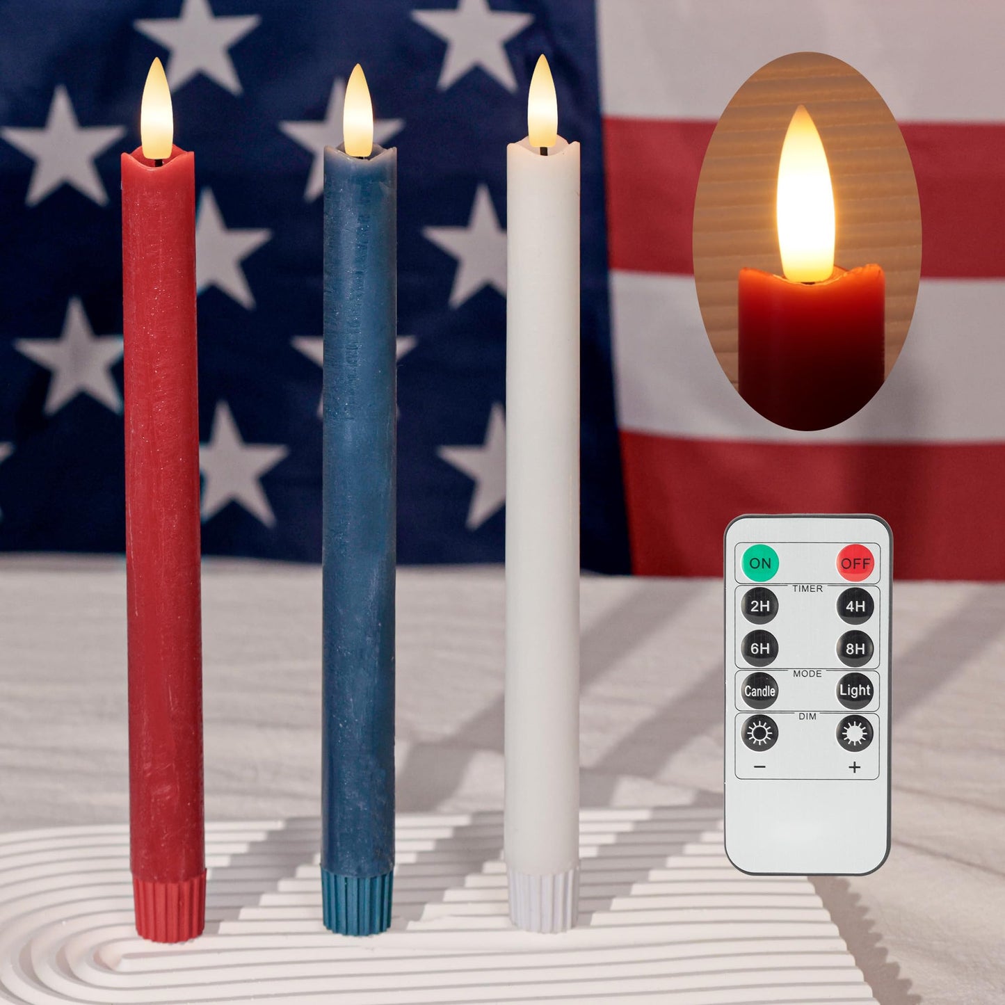 Patriotic Flameless Candles with Remote and Timer, Real Wax Red White and Blue Candles for 4th of July Decorations, 250th Anniversary Battery Operated Candles for Independence Day Celebrations, 3Pack