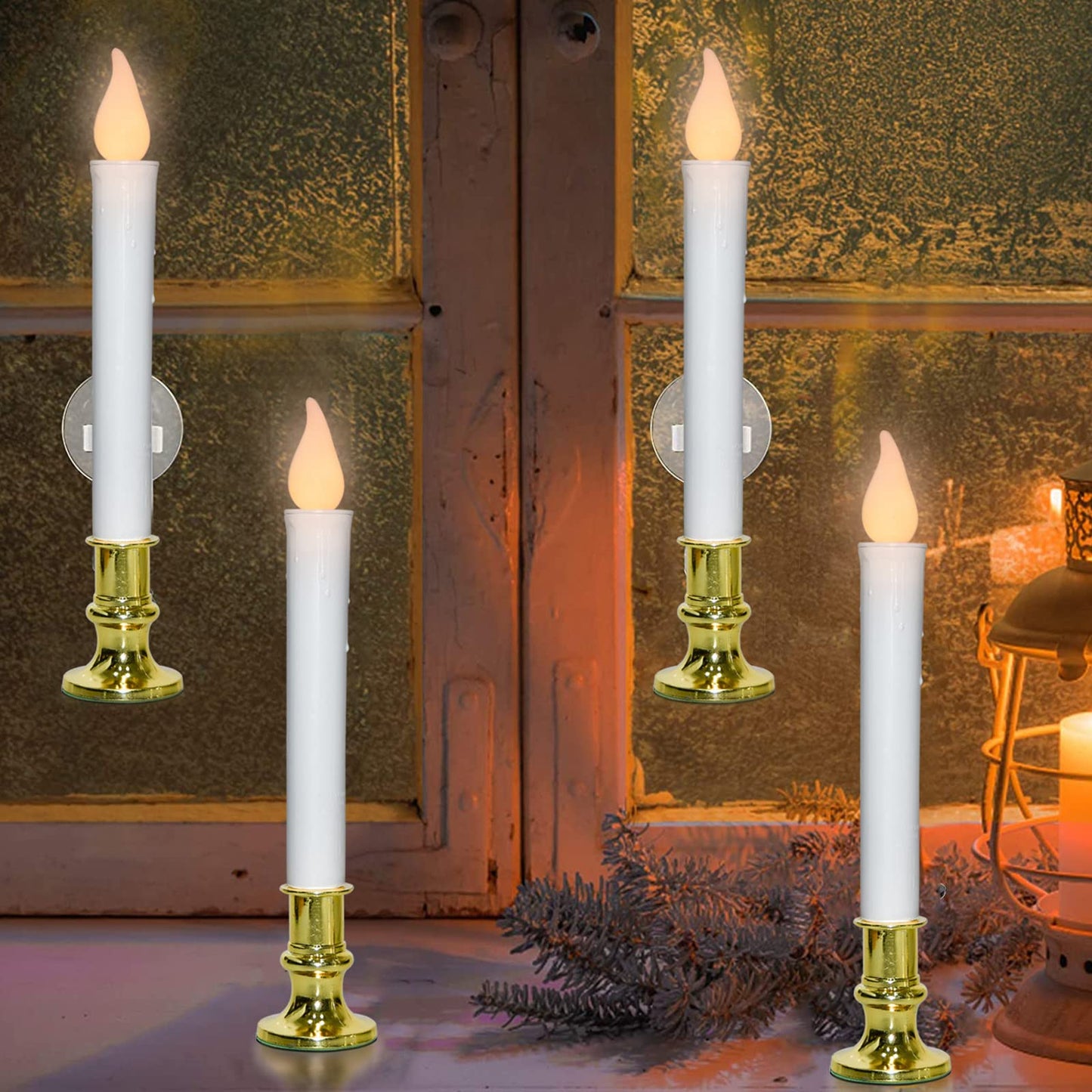 SUNSGNE Battery Operated Window Candles, Flameless Window Candles with Auto Timer for Holiday Home Table Christmas Decor, 4 Pack, Gold Base
