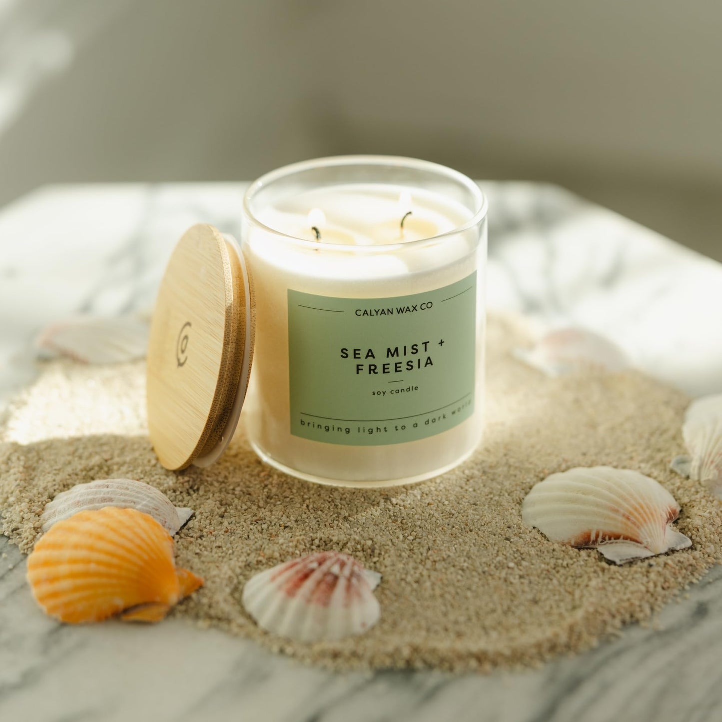 Calyan Wax Co. Sea Mist & Freesia 2 Wick Scented Candle - 37 Hour Burn - Luxury Clean Soy Wax Candles - Long Lasting Large Glass Jar Candle for Home - 8.8oz