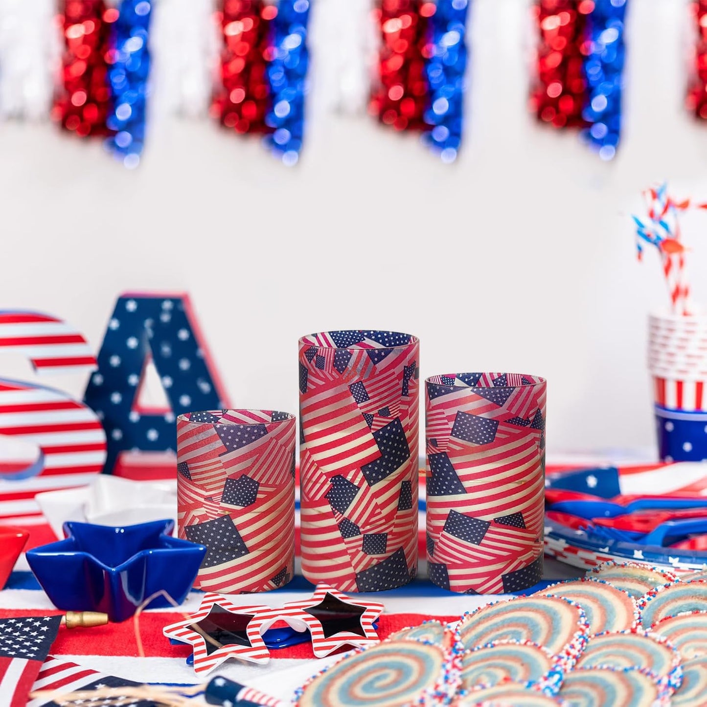 NJAO HOO Flickering Flameless Candles, LED Candles 3D Wick Acrylic Battery Operated LED Pillar Candles with Remote and Timer for Day 4th of July Decor Set of 3(American Flag)