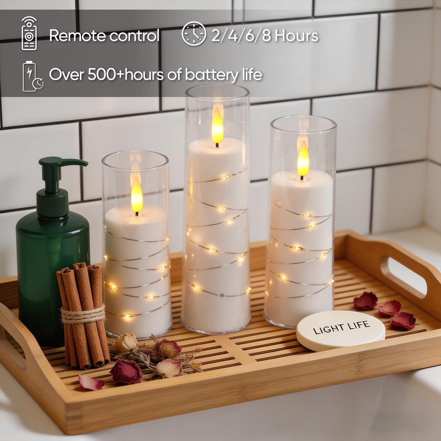 Raycare Flameless Candle with Remote Timer, 3 Flickering Acrylic Battery Operated LED Pillar Candles with Embedded Star String for Home Decor(White)