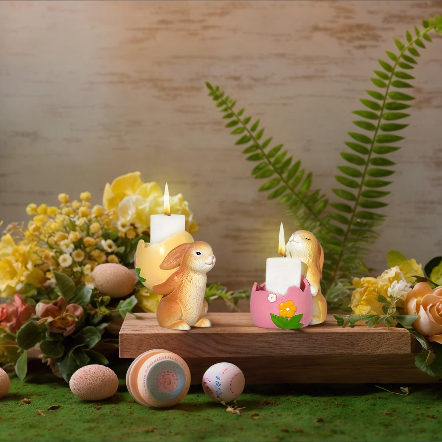 AMOYYT Easter Bunny Decorations Indoor Easter Bunny Figurines 3.5 inch Rabbit Figurines Home Decor 2Pcs Resin Rabbit Candle Holder Table Mantel Spring Decoration for Mom