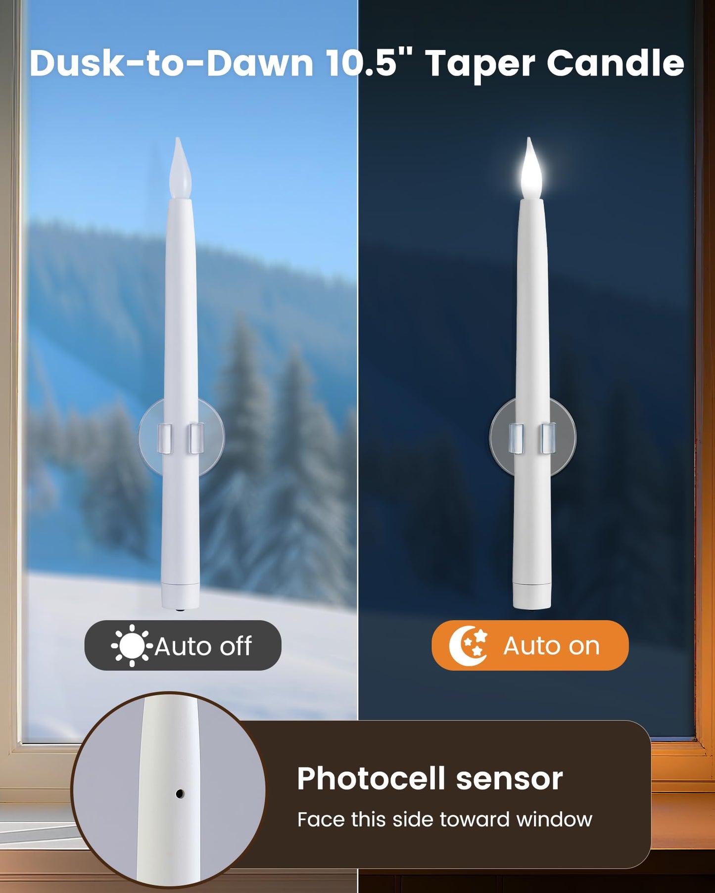 SURAIELEC 10.5'' Battery Window Candles with Suction Cups, Dusk-to-Dawn Christmas Window Candles, 5000K Cool White, Flameless LED Candle for Windows, 6 Pack (Rechargeable Battery Not Compatible)