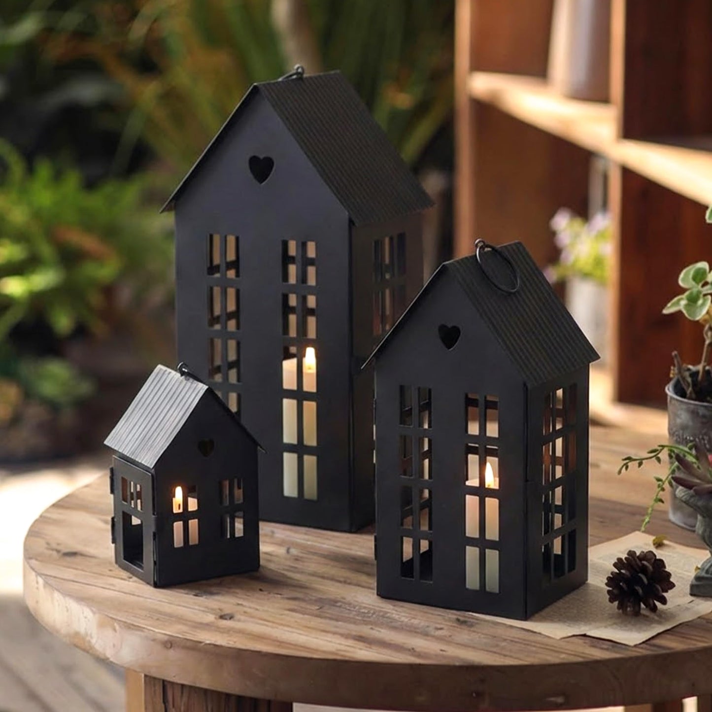 TRIROCKS Set of 3 Decorative Hanging Lanterns 13.5"&9.5"&5.5" H Gothic Street Town House Village Decor Candle Holders for Home Garden Yard Patio Gothic Parties Events Indoors Outdoors(Black)