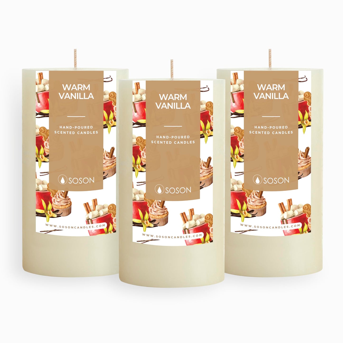 Simply Soson Warm Vanilla Scented Candle Set - 3x4 Ivory Pillar Candles for Home, Aromatherapy, Women, Fall