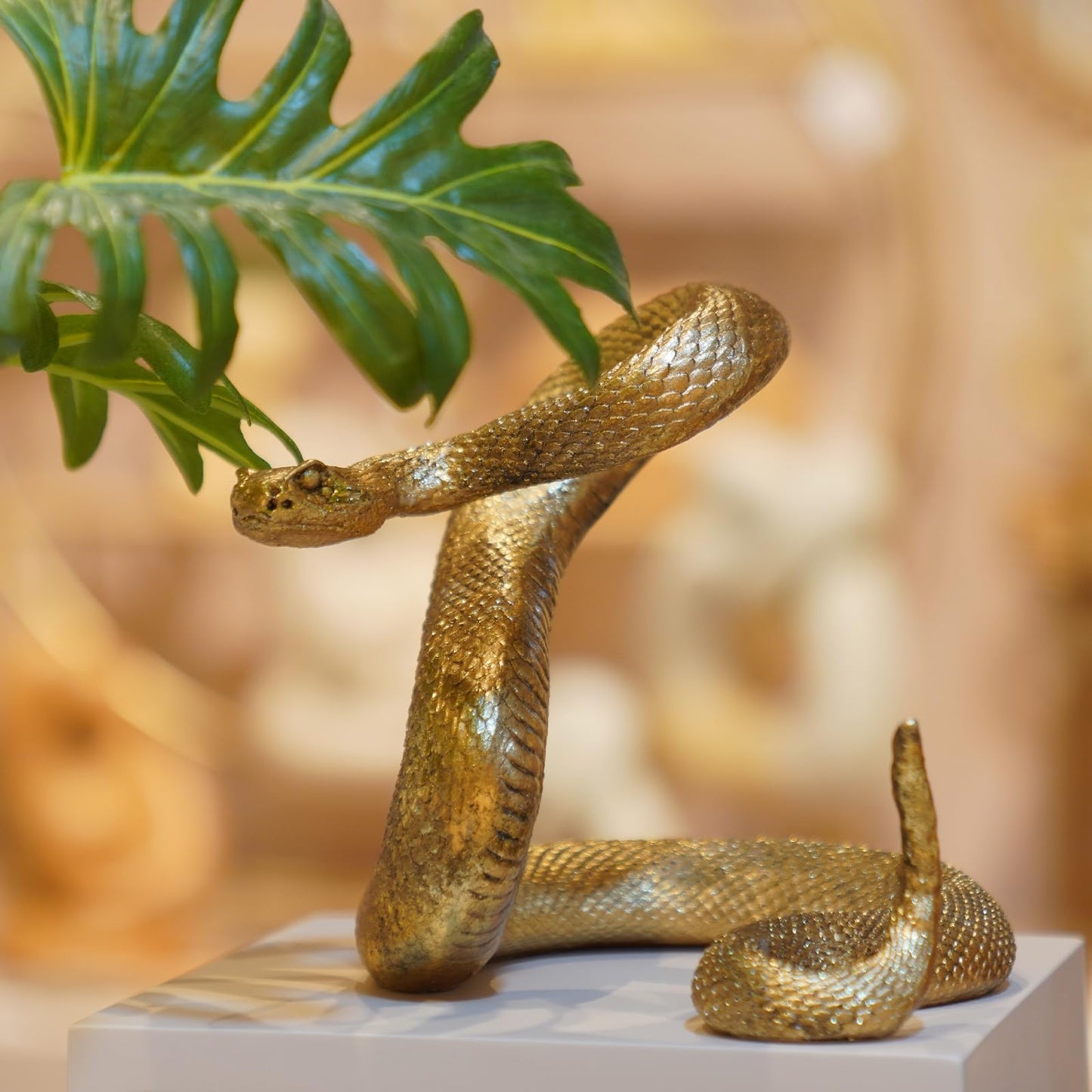 Guichifun Snake Statue Decor Collectible Figurines - Gold Resin Animal Chinese New Year Mascot Home Shelf Office Table Halloween Christmas Decoration 7.25 x 7.25 x 6.5 Inch