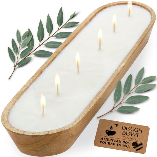 Dough Bowl Candle Co. Unscented Soy Candle - 6 Wick Rustic Farmhouse Decor Odor Eliminator in Ornamental Wooden Bowls, 32 Ounce All-Natural Gifts for Women and Men, Wooden Dough Bowls for Decor