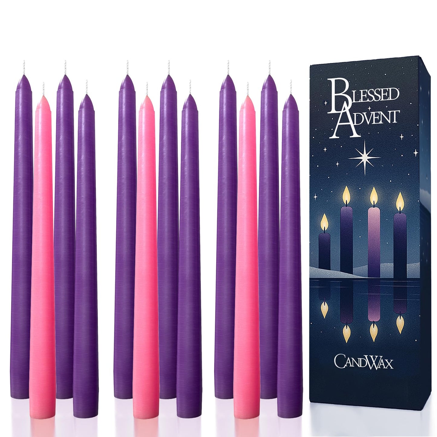 CANDWAX 10 Inch Advent Taper Candles Set of 12 - Long Burning Dripless Unscented Tapers - Perfect for Advent Wreaths, Christmas Décor - 9 Purple Tapers, 3 Pink Tapered Candles