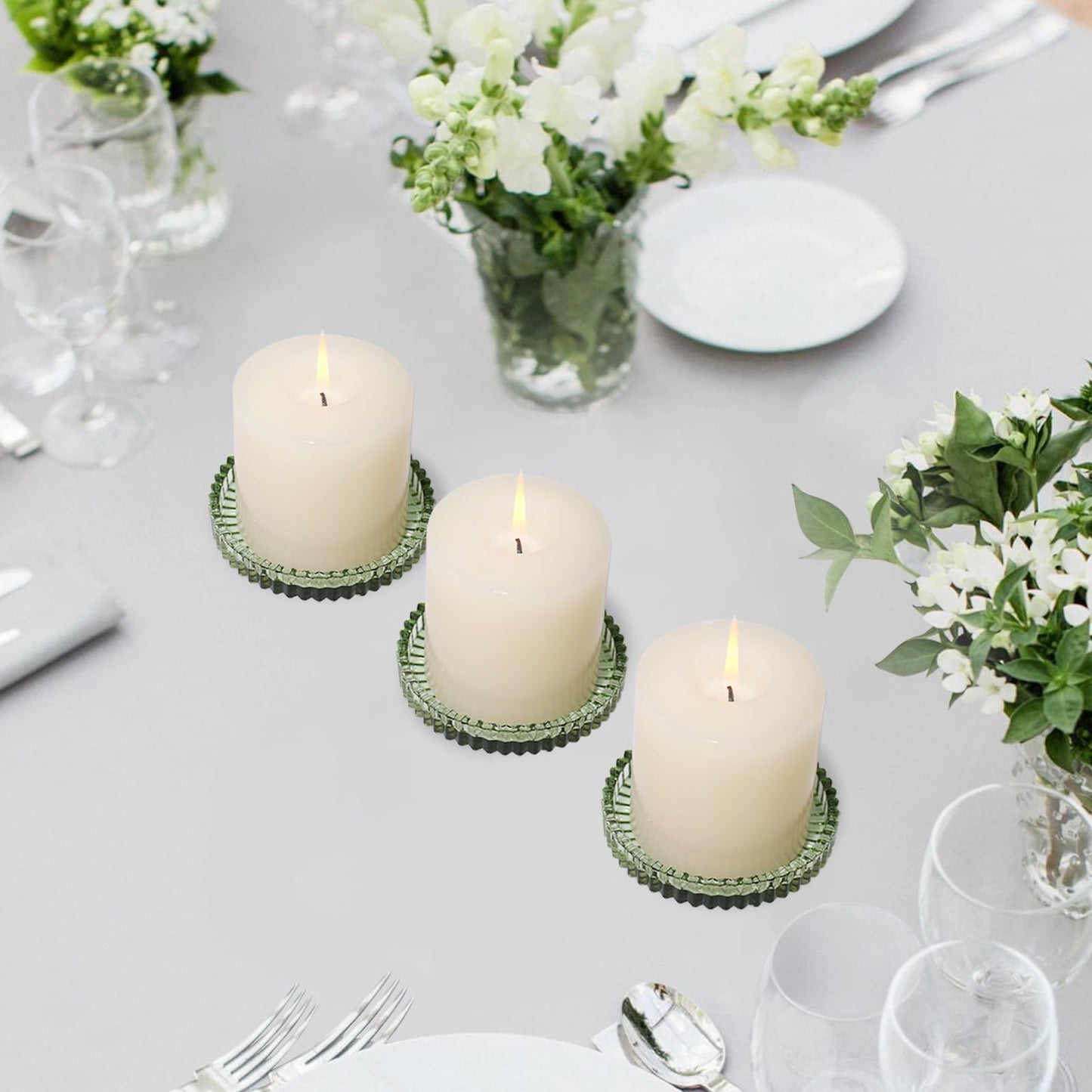 CHOCSTAY Glass Pillar Candle Holder, 4" Green Candle Plates Set of 3, Glass Candle Holders for Wedding, Party, Holiday, Home Decor, Table Centerpiece