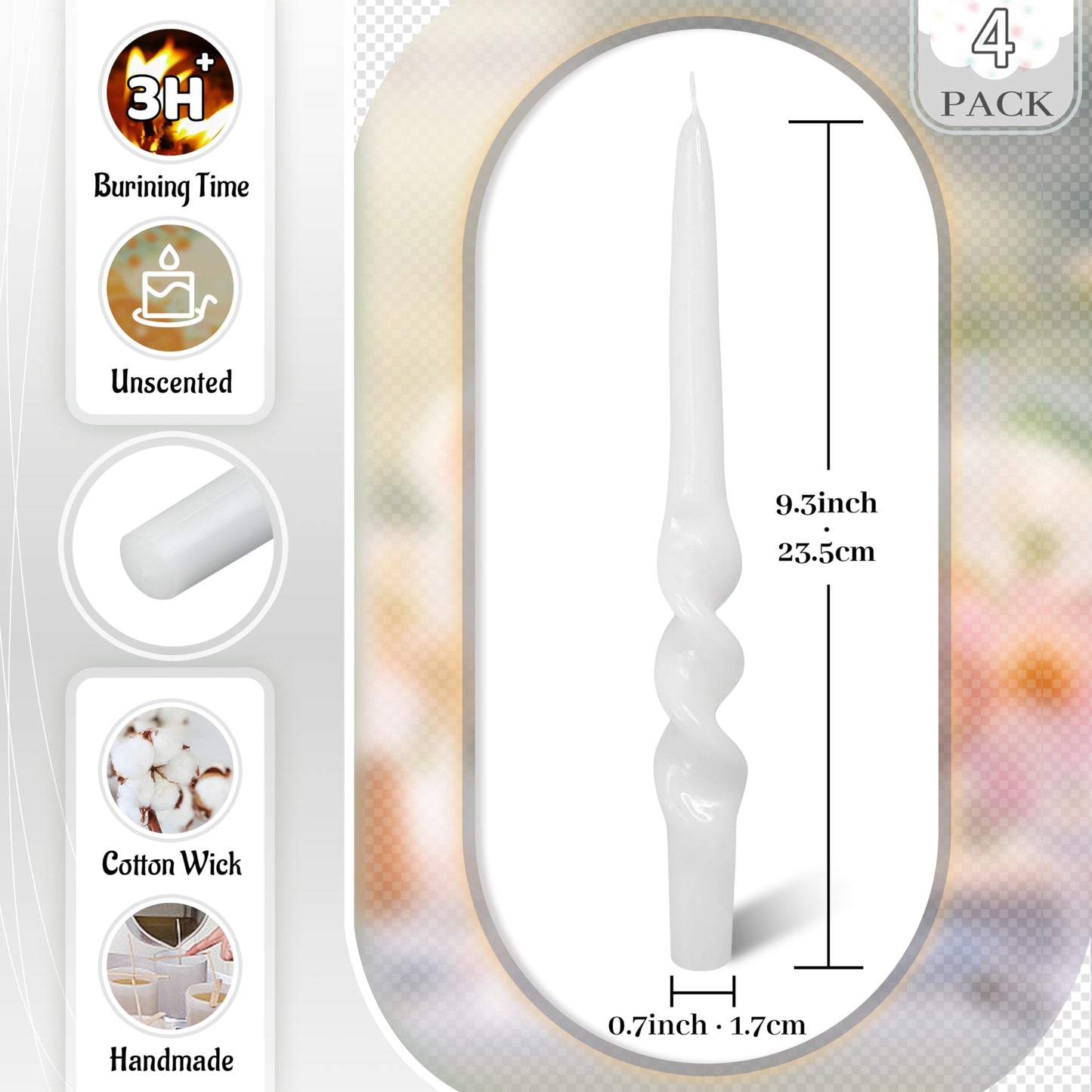 FLAMMUL White Taper Candles Candlesticks - Twisted Candlesticks 9.5 Inch Spiral Candle Sticks 4PCS Smokeless Tapered Candles for Home Decor Church Weddings