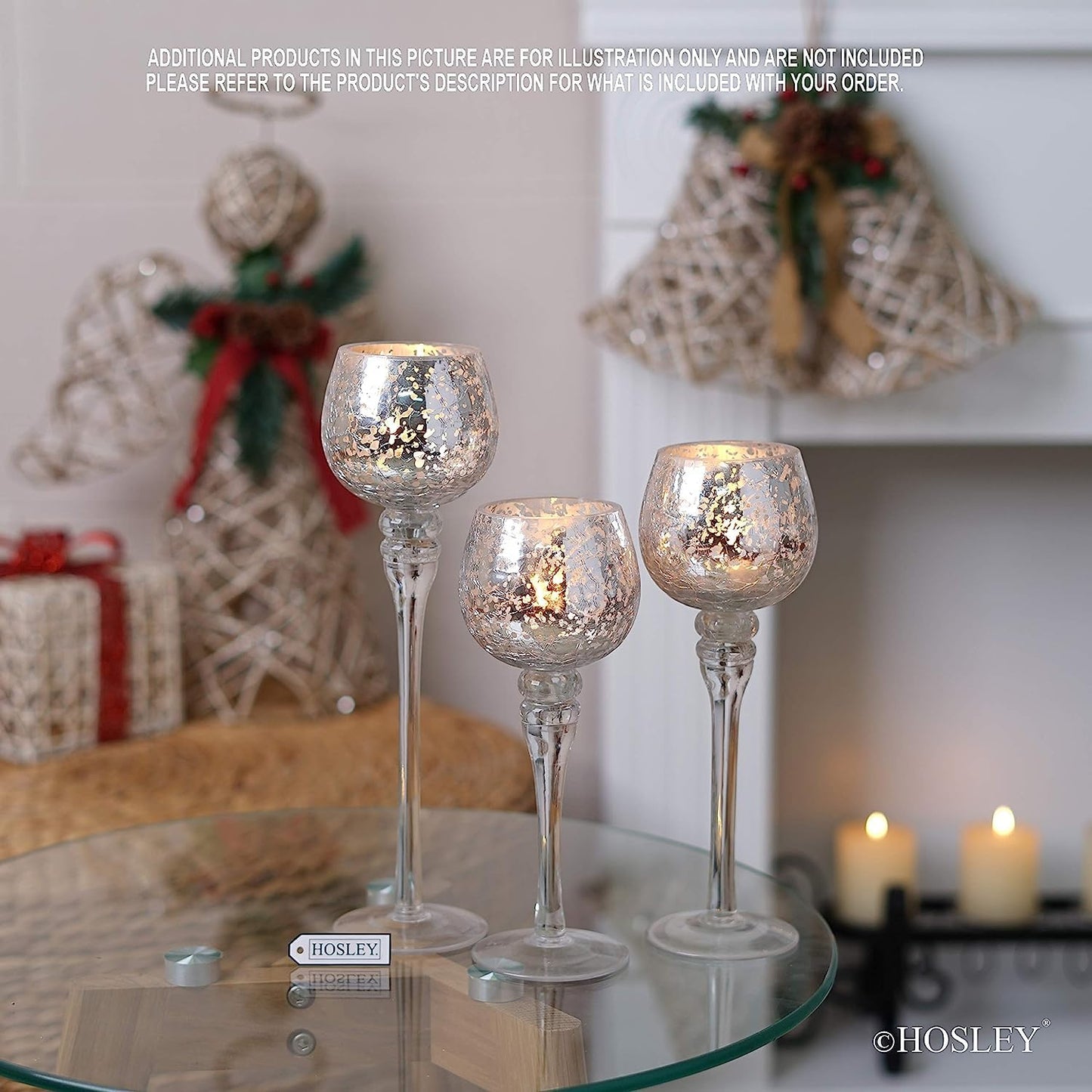 Hosley 3 Sets Crackle Metallic Glass Tealight Holders Set /3-12 Inch, 10 Inch, 9 Inch Ideal for Weddings Special Events Parties Also Makes a Great Gift