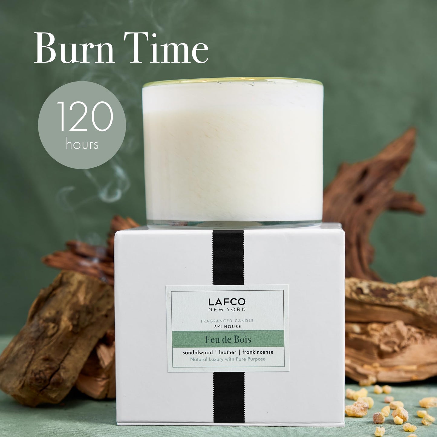 LAFCO New York 3-Wick Candle, Feu de Bois - 30 oz - 120-Hour Burn Time - Reusable, Hand Blown Glass Vessel - Made in The USA