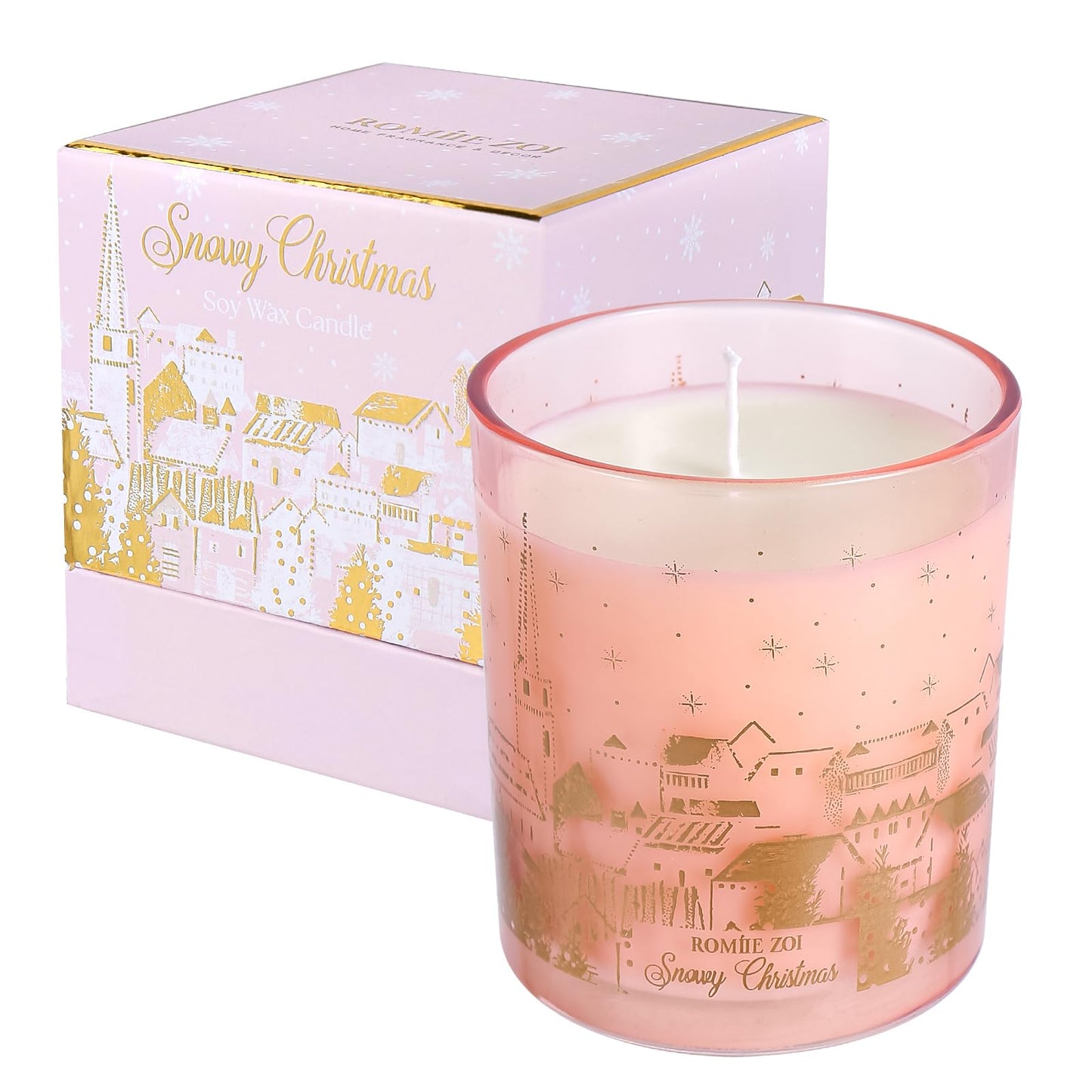 ROMIIE ZOI Christmas Scented Candle - 6oz Soy Wax Candle, Snowy Design, Infused with Floral Aroma - Pink & Gold Gift Box Packaged for Holiday Season Gift