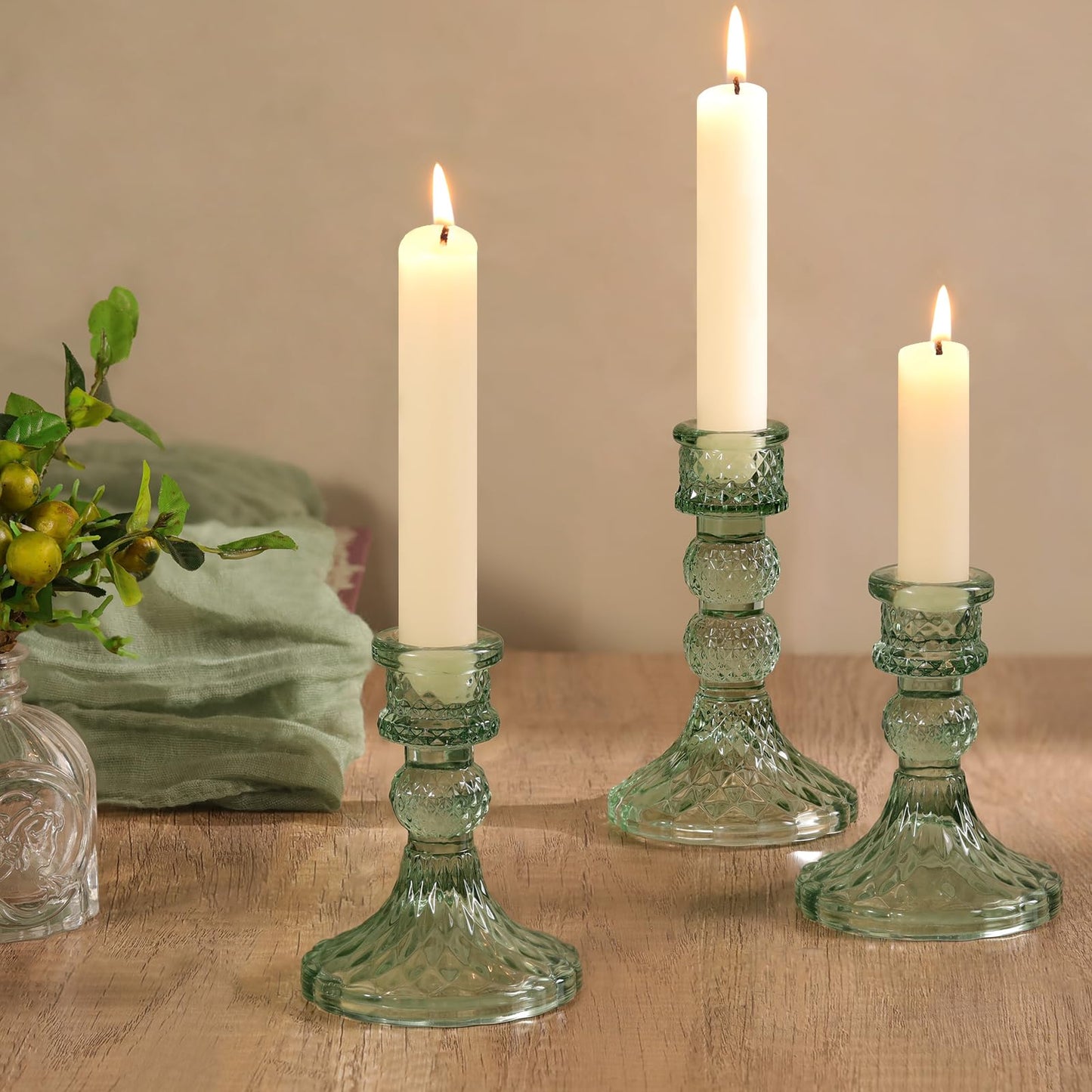 DARJEN Green Glass Candlestick Holders Set of 6, 4" H & 5" H Taper Candle Holders for Candlesticks & Pillar Candles, Diamond Candle Holders for Wedding Party Table Centerpiece, Home Decor