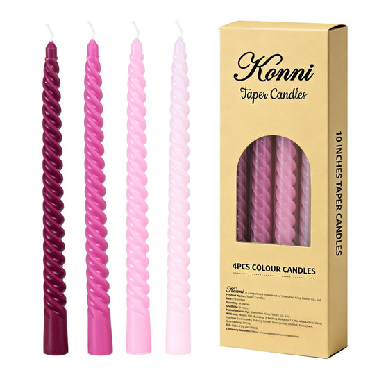 Pink Spiral Taper Candles, 10 inch Gradient Twisted Candles,4 Pack Unscented and Smokeless Long Burning Candles with Cotton Wicks,Tall Candlesticks,Ideal for Weddings, Dinner Parties, and Home Décor